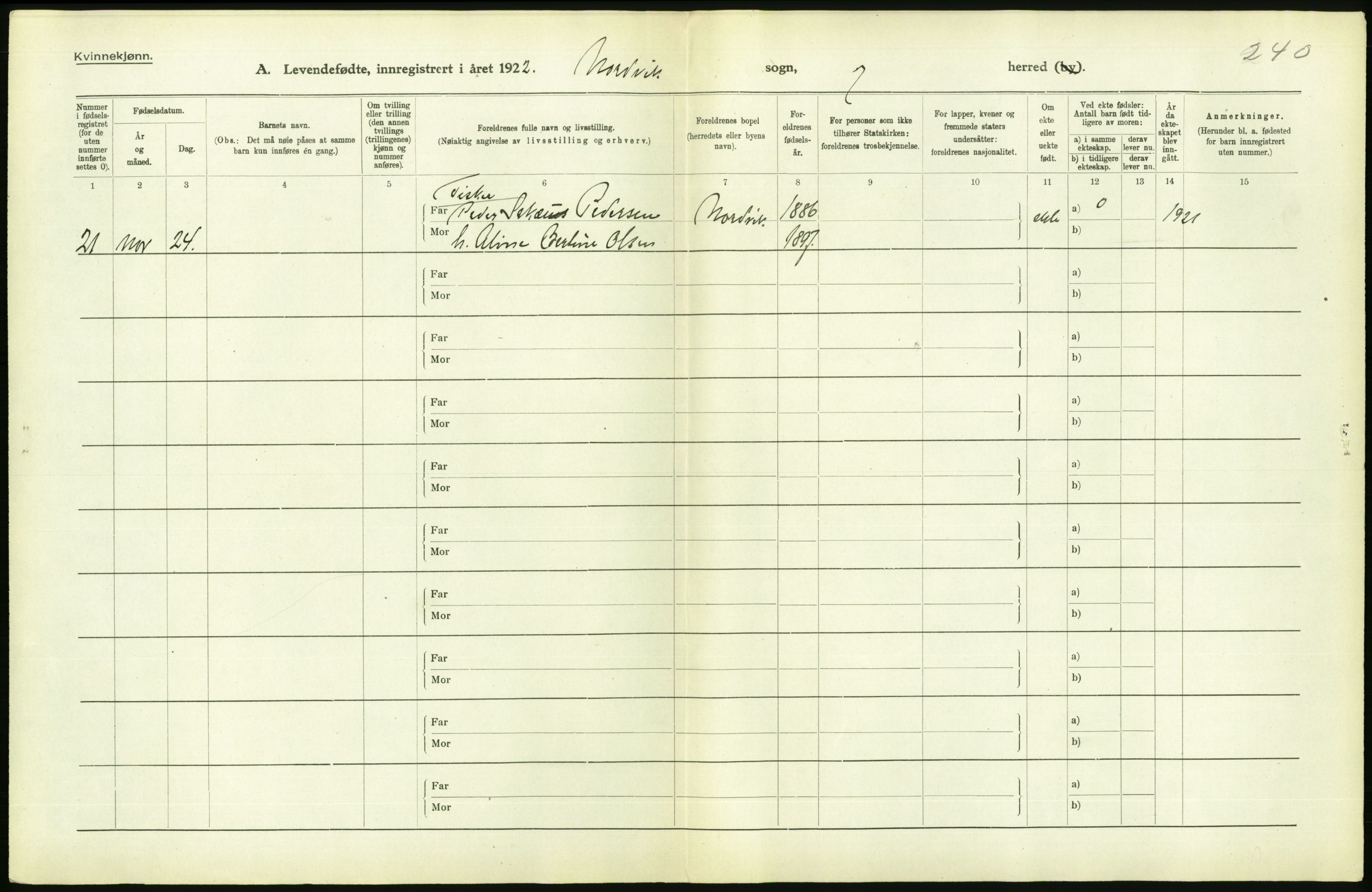 Statistisk sentralbyrå, Sosiodemografiske emner, Befolkning, AV/RA-S-2228/D/Df/Dfc/Dfca/L0049: Nordland fylke: Levendefødte menn og kvinner. Bygder., 1921, p. 92