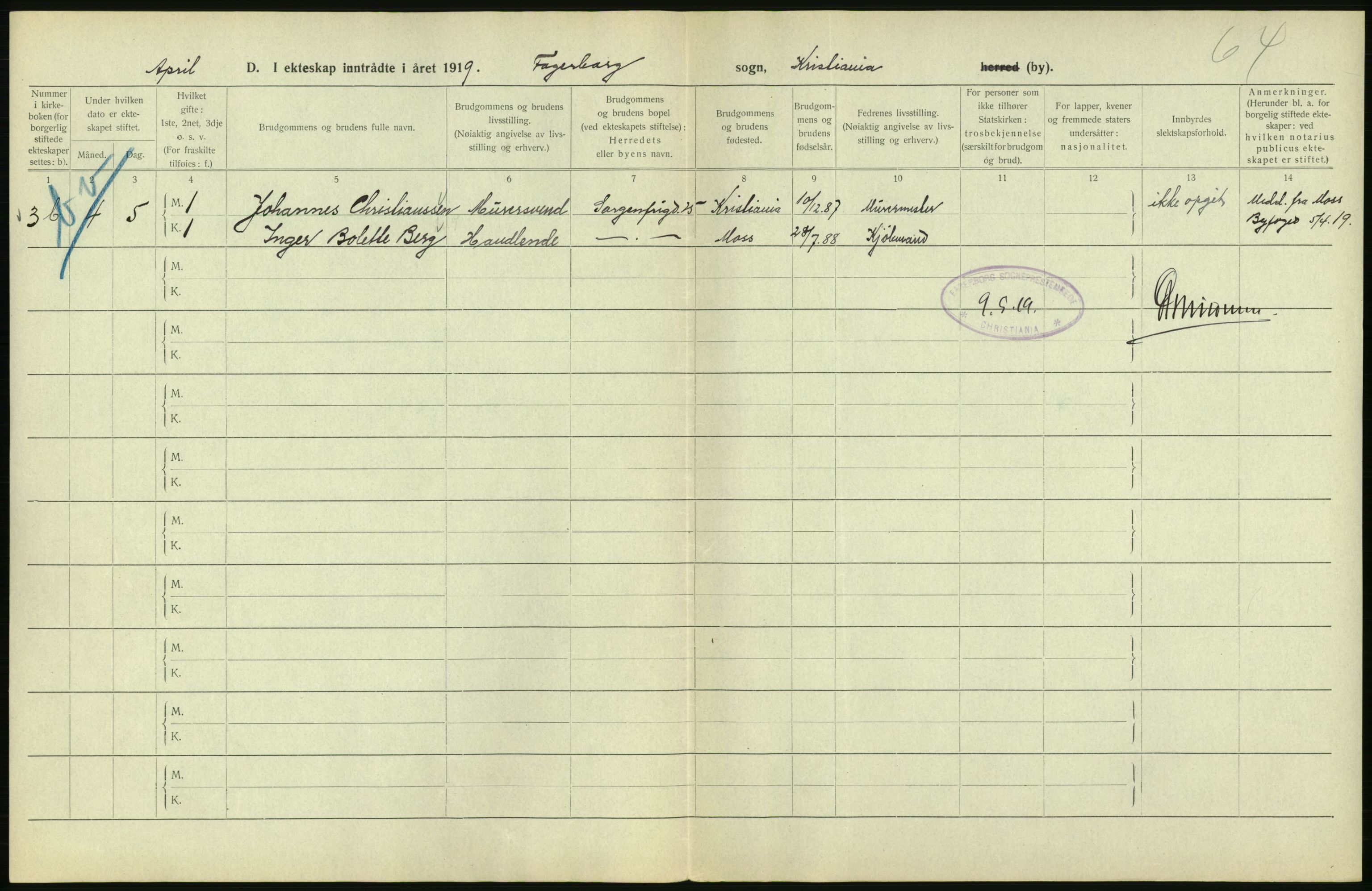 Statistisk sentralbyrå, Sosiodemografiske emner, Befolkning, AV/RA-S-2228/D/Df/Dfb/Dfbi/L0009: Kristiania: Gifte, 1919, p. 278