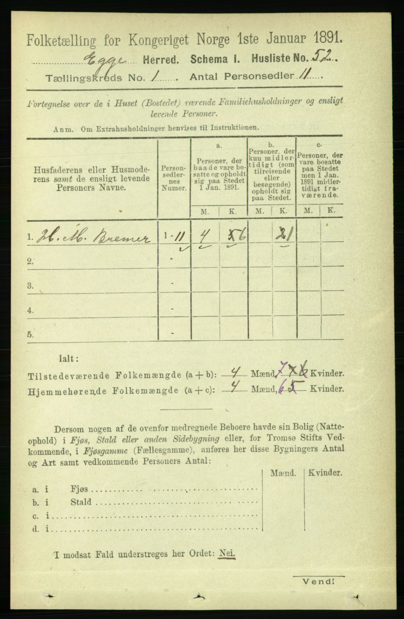 RA, 1891 census for 1733 Egge, 1891, p. 66