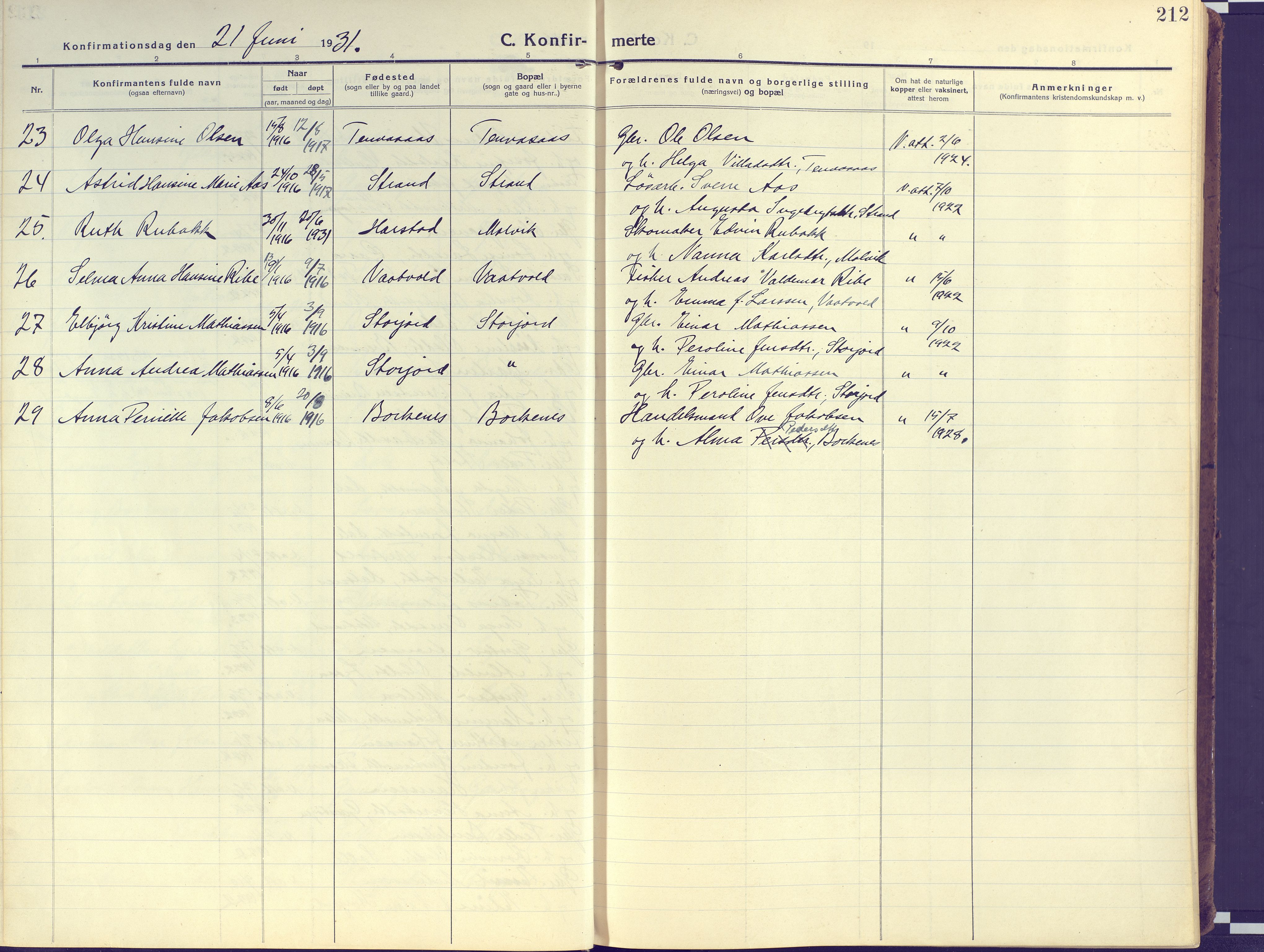 Kvæfjord sokneprestkontor, AV/SATØ-S-1323/G/Ga/Gaa/L0007kirke: Parish register (official) no. 7, 1915-1931, p. 212