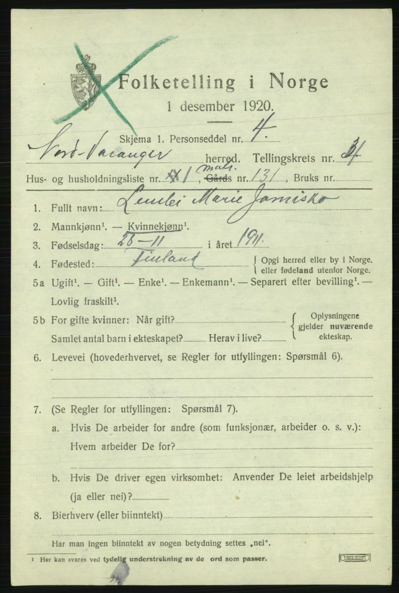 SATØ, 1920 census for Nord-Varanger, 1920, p. 1672