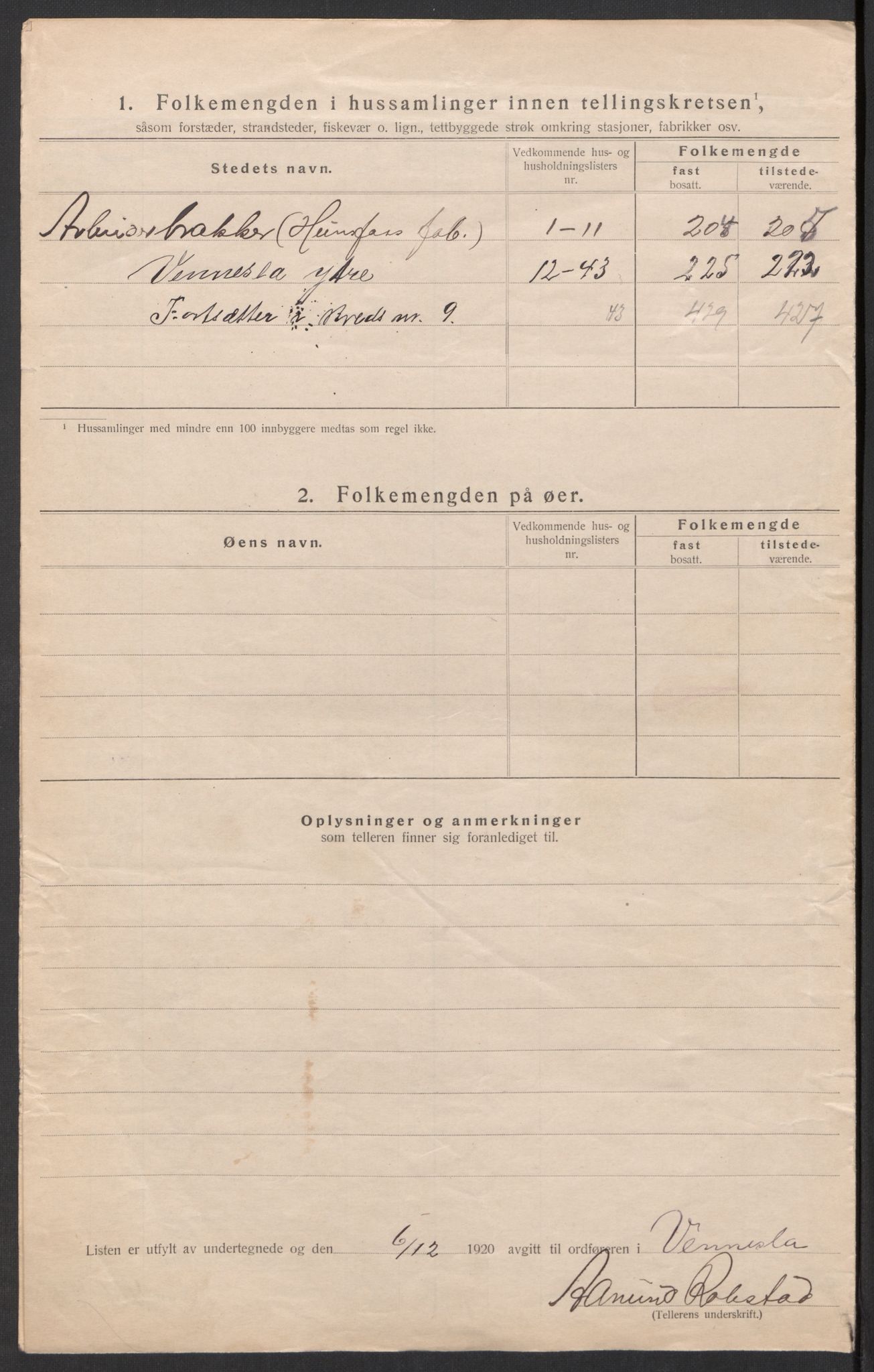 SAK, 1920 census for Vennesla, 1920, p. 30