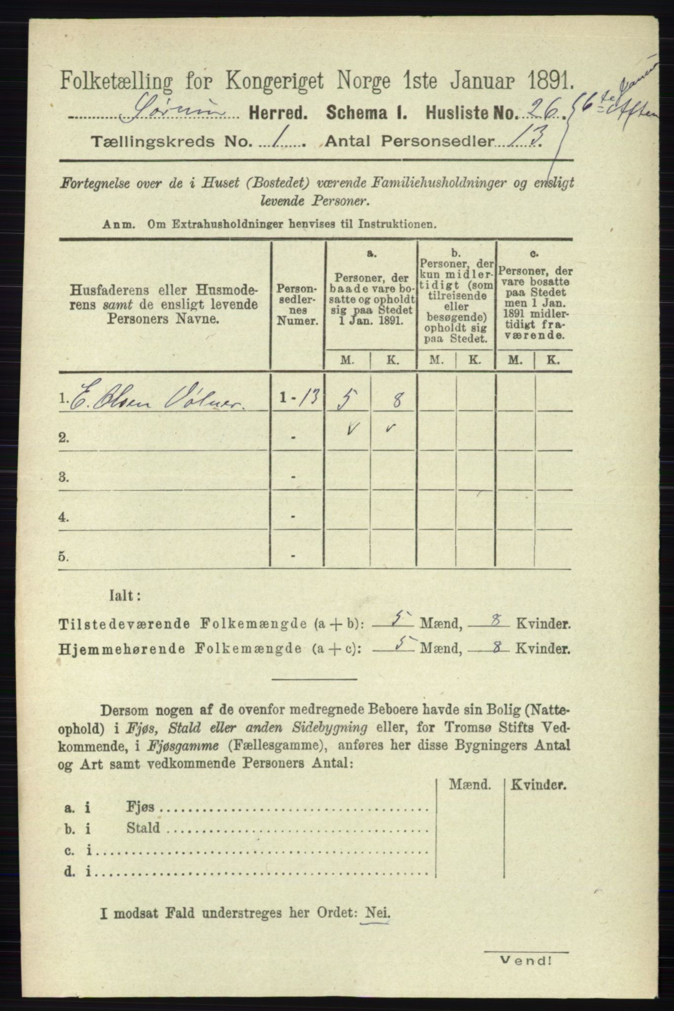 RA, 1891 census for 0226 Sørum, 1891, p. 45