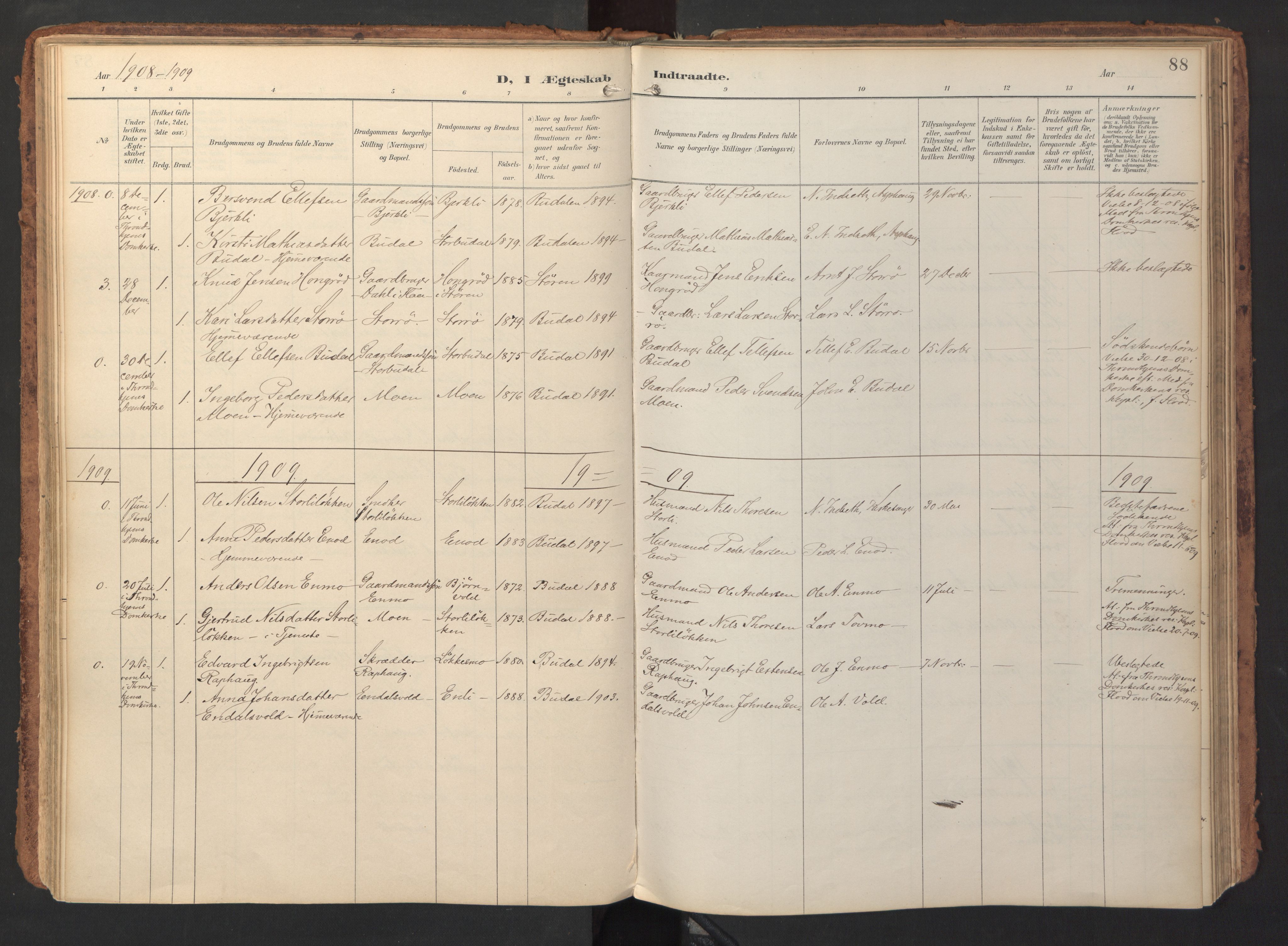 Ministerialprotokoller, klokkerbøker og fødselsregistre - Sør-Trøndelag, SAT/A-1456/690/L1050: Parish register (official) no. 690A01, 1889-1929, p. 88
