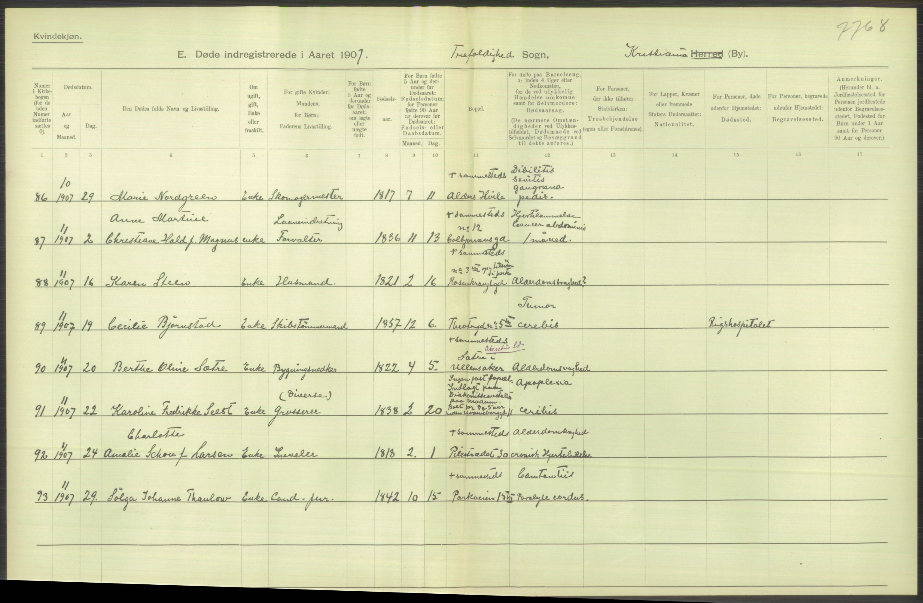 Statistisk sentralbyrå, Sosiodemografiske emner, Befolkning, AV/RA-S-2228/D/Df/Dfa/Dfae/L0009: Kristiania: Døde, 1907, p. 176