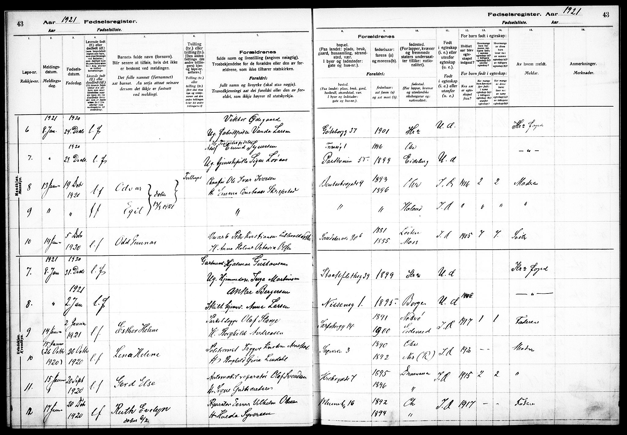 Sagene prestekontor Kirkebøker, AV/SAO-A-10796/J/L0002: Birth register no. 2, 1920-1922, p. 43