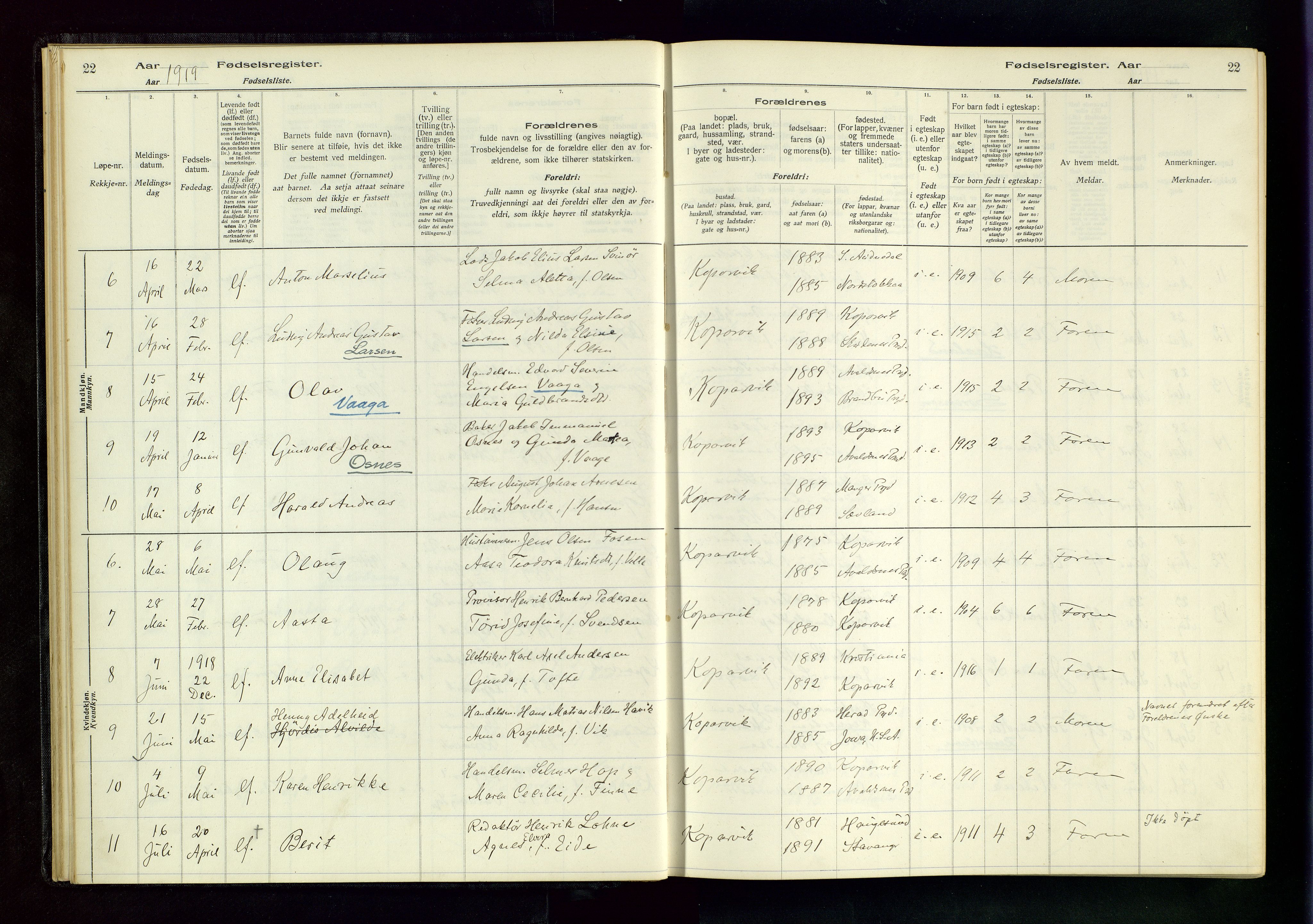 Kopervik sokneprestkontor, SAST/A-101850/I/Id/L0001: Birth register no. 1, 1916-1952, p. 22