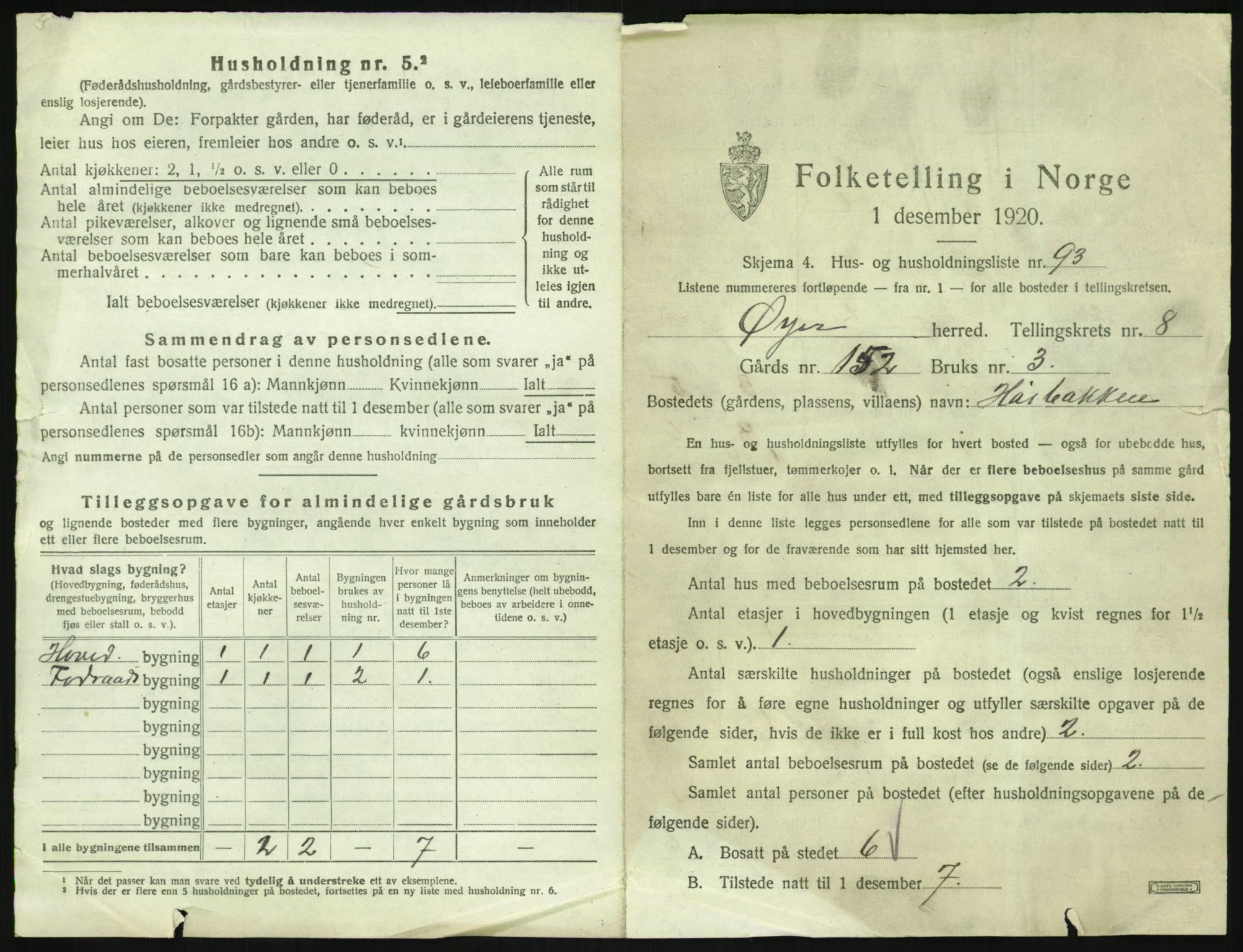 SAH, 1920 census for Øyer, 1920, p. 1199