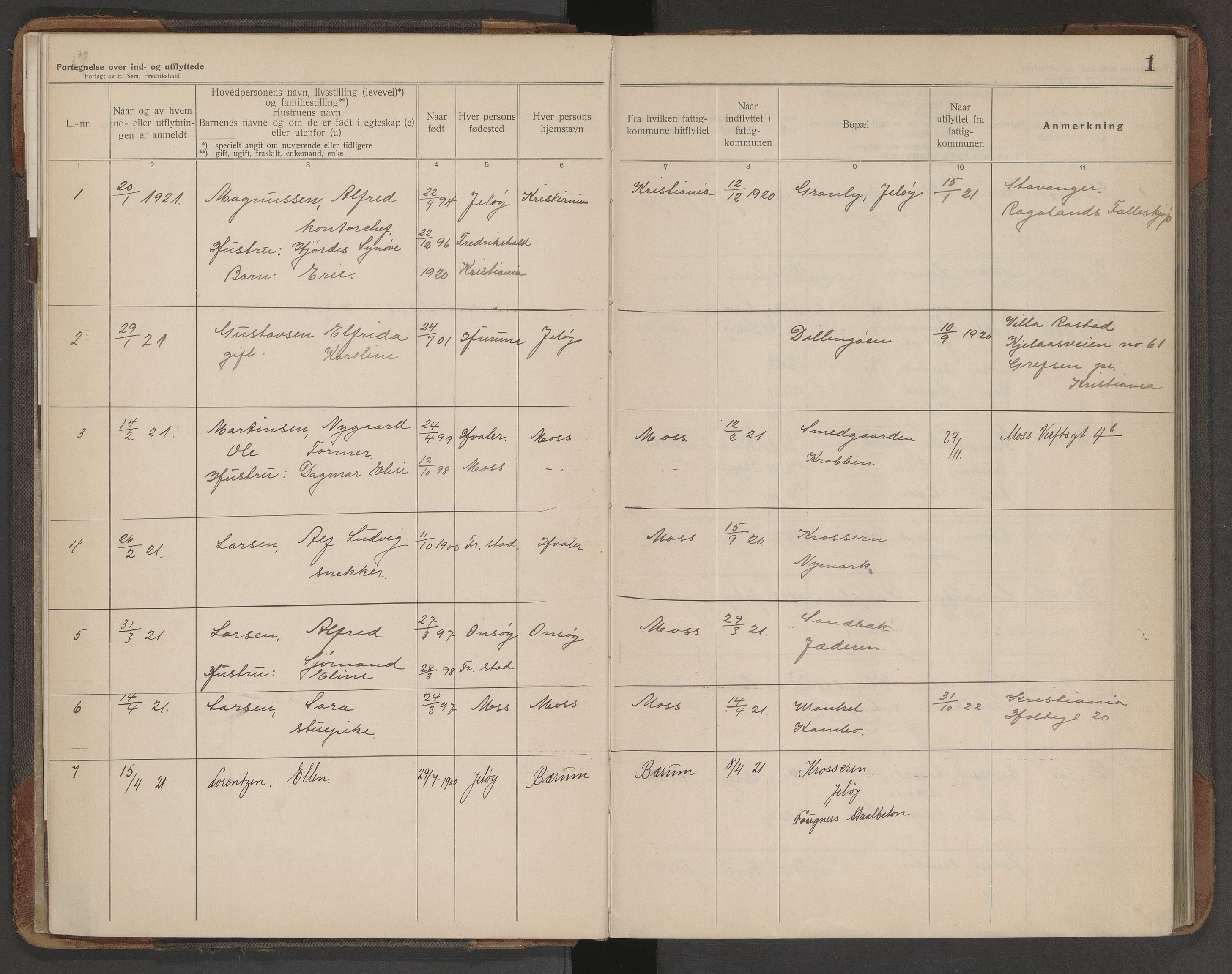 Moss folkeregister, AV/SAO-A-10020/J/L0005: Inn- og utflyttede i Moss fattigkommune, 1921-1928, p. 1