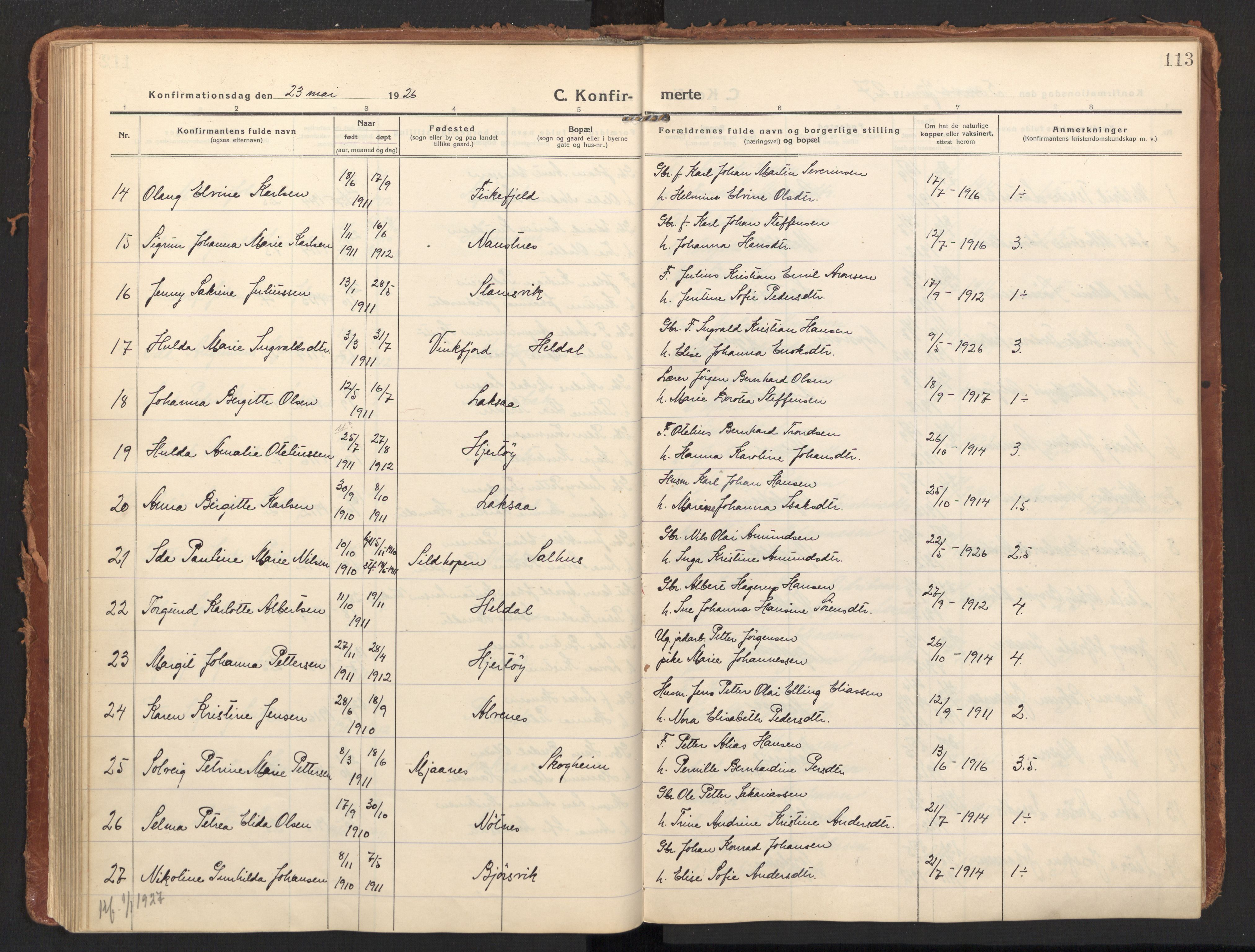 Ministerialprotokoller, klokkerbøker og fødselsregistre - Nordland, SAT/A-1459/858/L0833: Parish register (official) no. 858A03, 1916-1934, p. 113