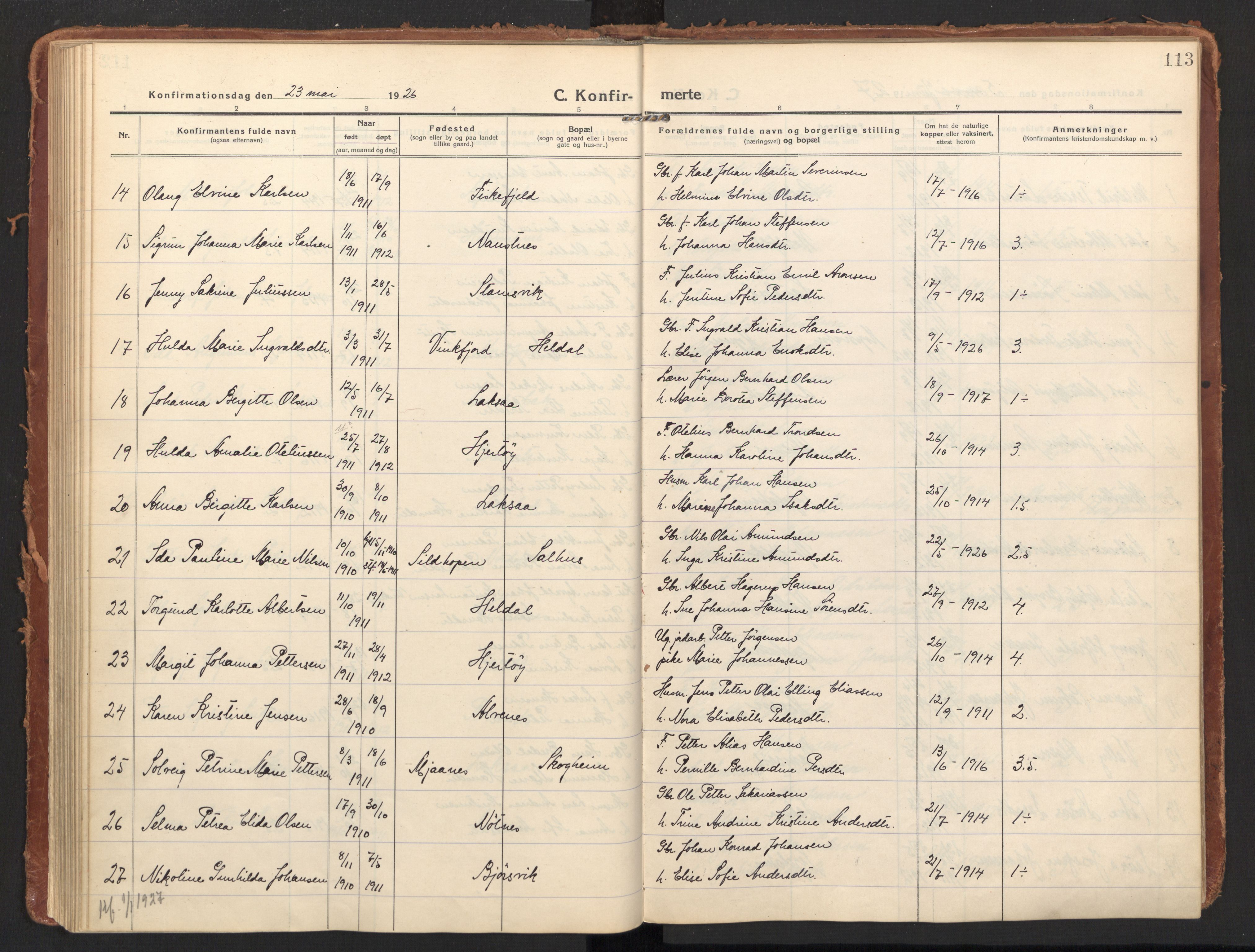 Ministerialprotokoller, klokkerbøker og fødselsregistre - Nordland, AV/SAT-A-1459/858/L0833: Parish register (official) no. 858A03, 1916-1934, p. 113