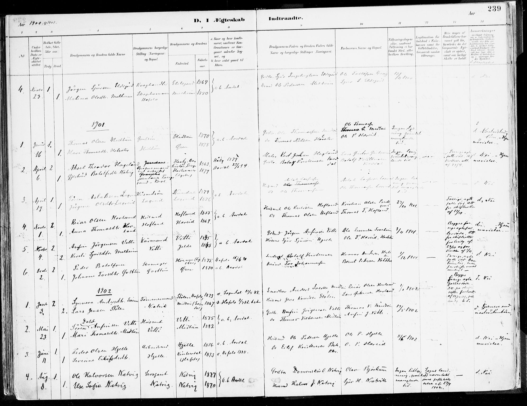 Årdal sokneprestembete, AV/SAB-A-81701: Parish register (official) no. A 5, 1887-1917, p. 239