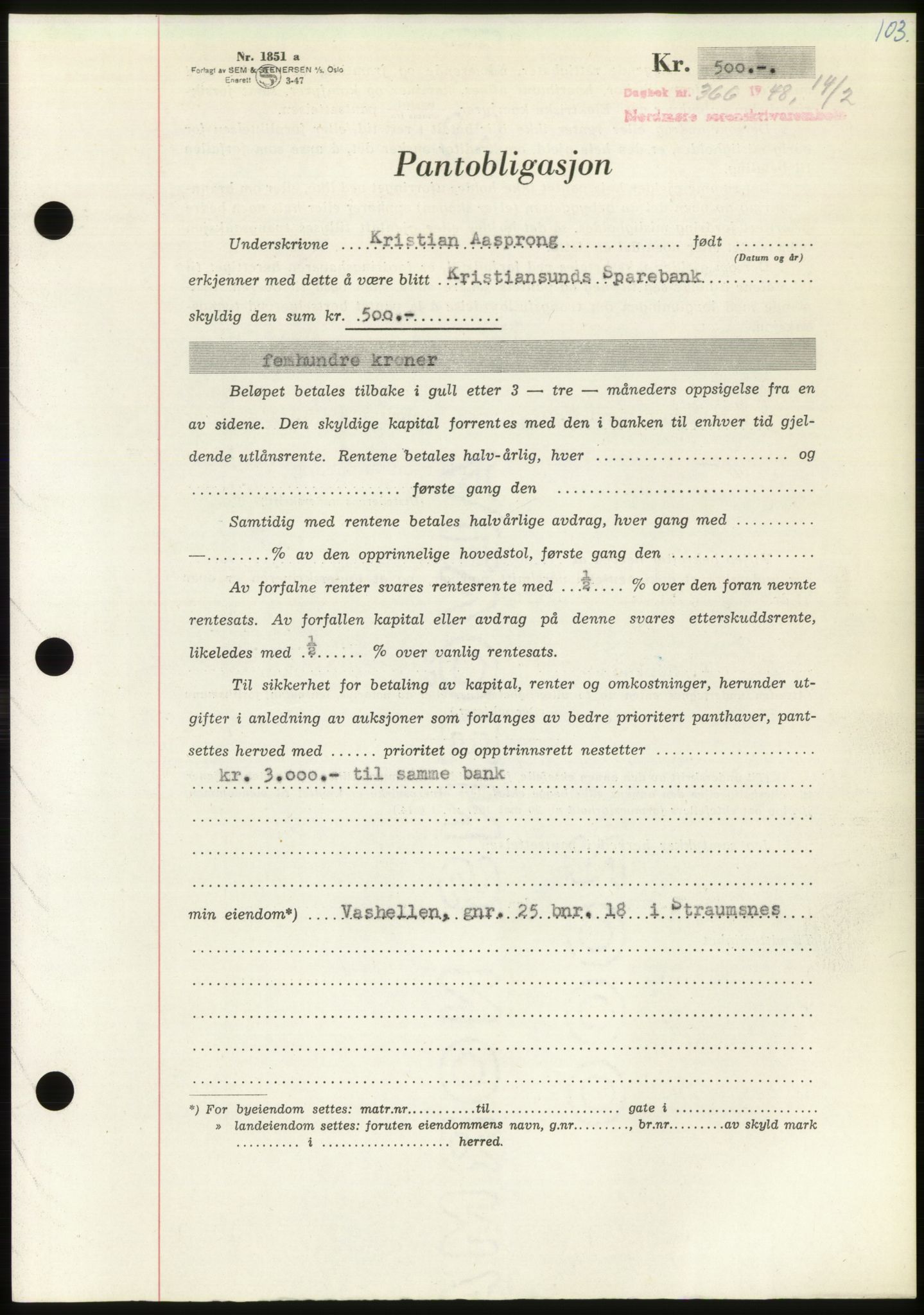 Nordmøre sorenskriveri, AV/SAT-A-4132/1/2/2Ca: Mortgage book no. B98, 1948-1948, Diary no: : 366/1948