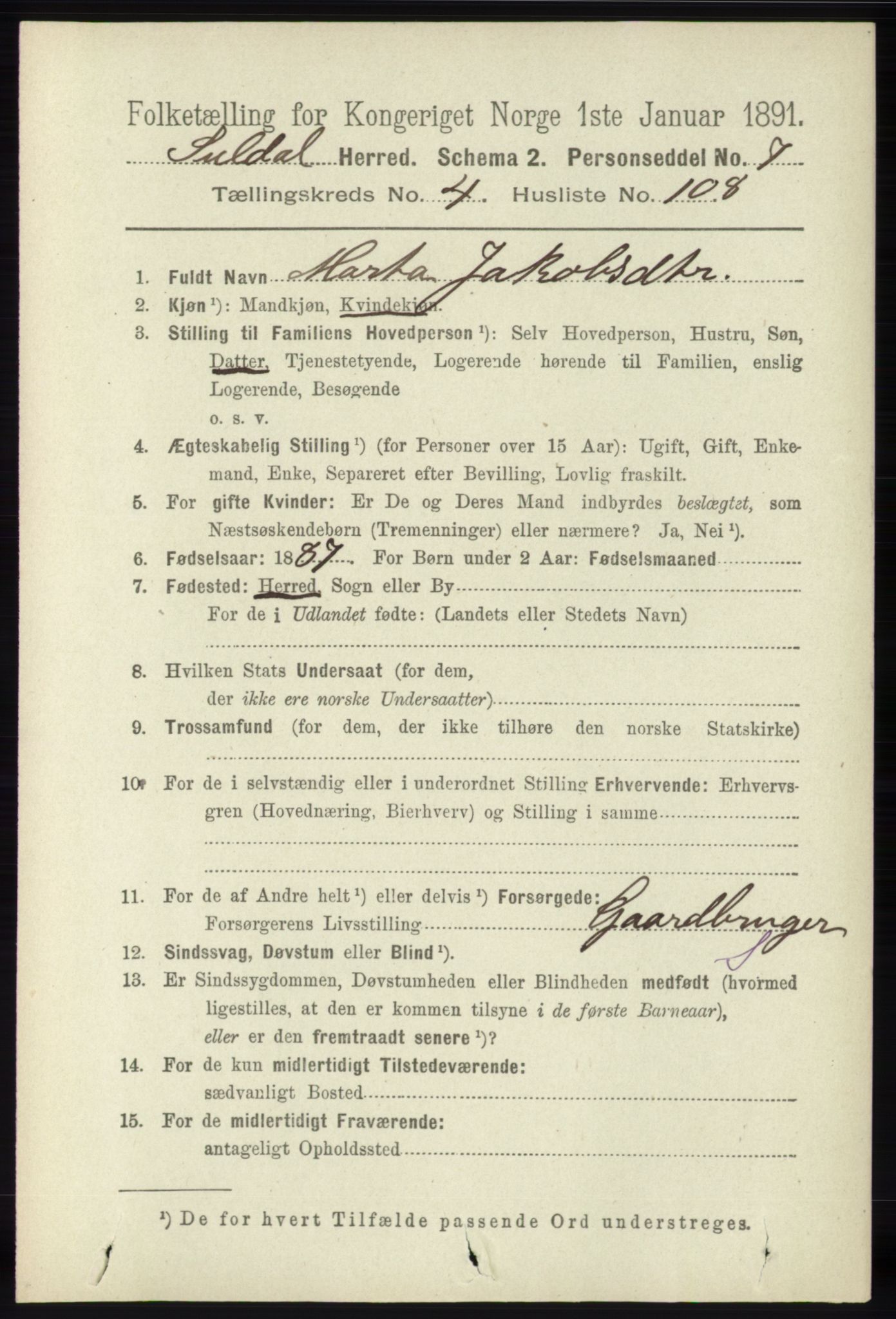 RA, 1891 census for 1134 Suldal, 1891, p. 1439