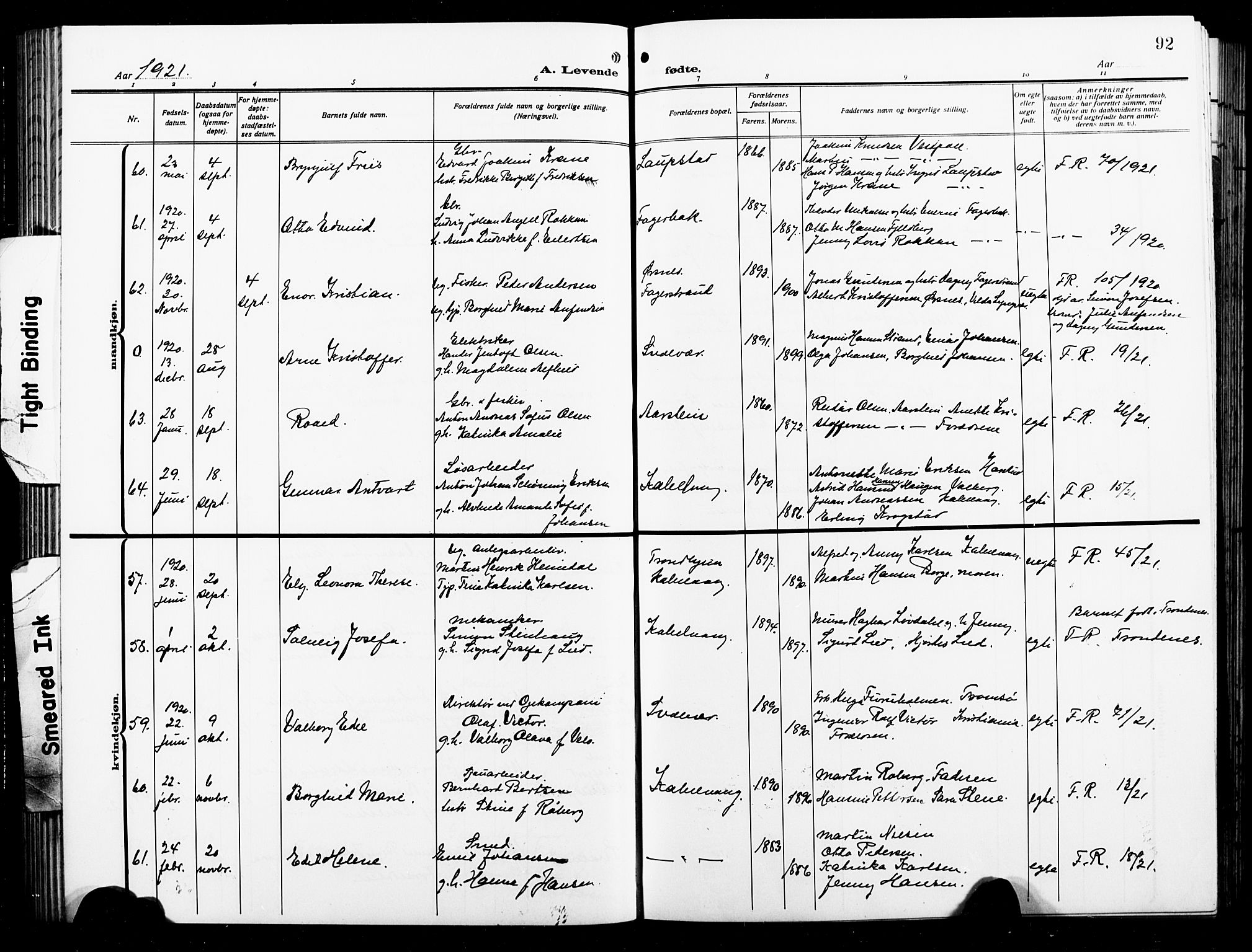 Ministerialprotokoller, klokkerbøker og fødselsregistre - Nordland, AV/SAT-A-1459/874/L1080: Parish register (copy) no. 874C09, 1915-1925, p. 92