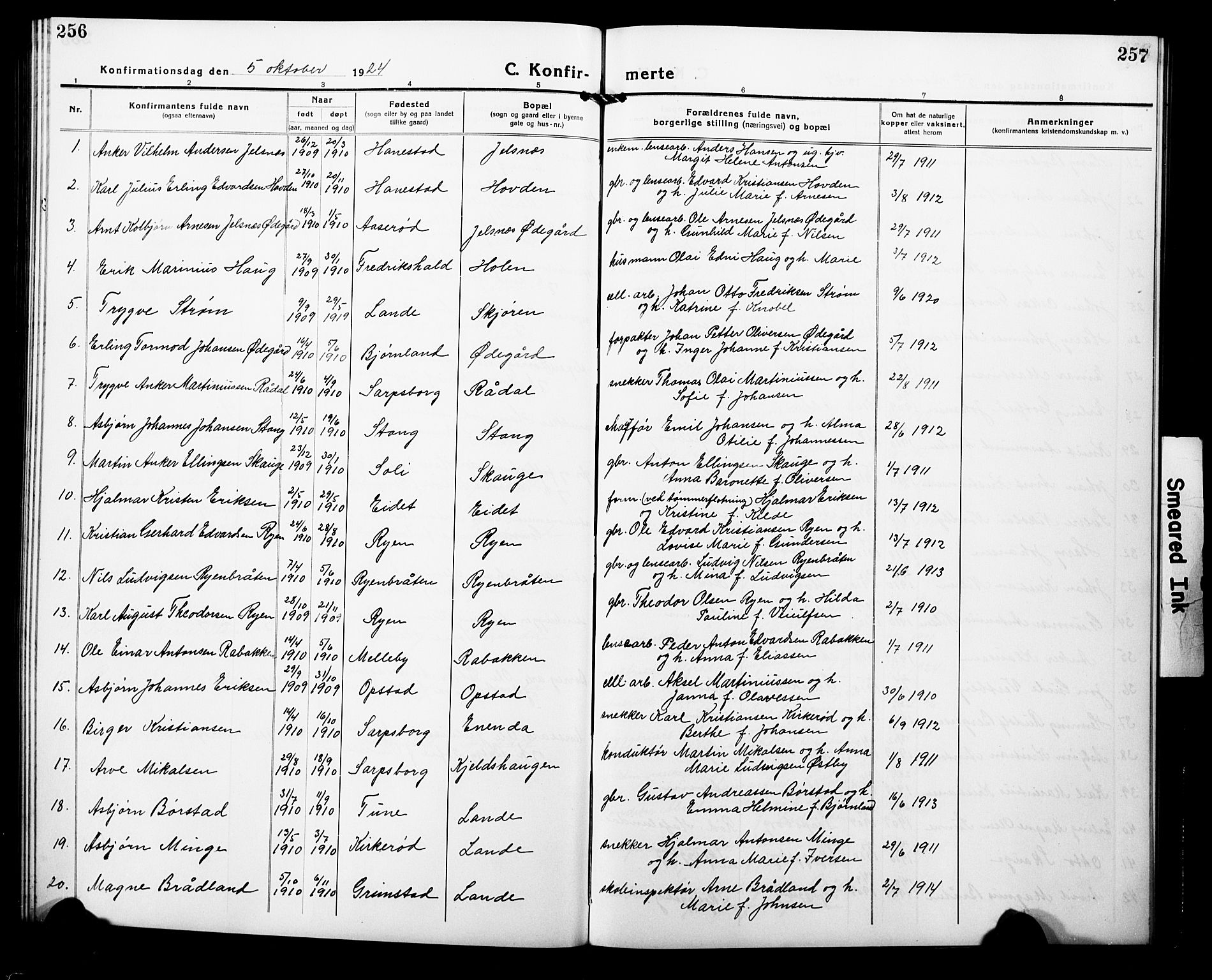 Tune prestekontor Kirkebøker, AV/SAO-A-2007/G/Ga/L0004: Parish register (copy) no. I 4, 1919-1928, p. 256-257