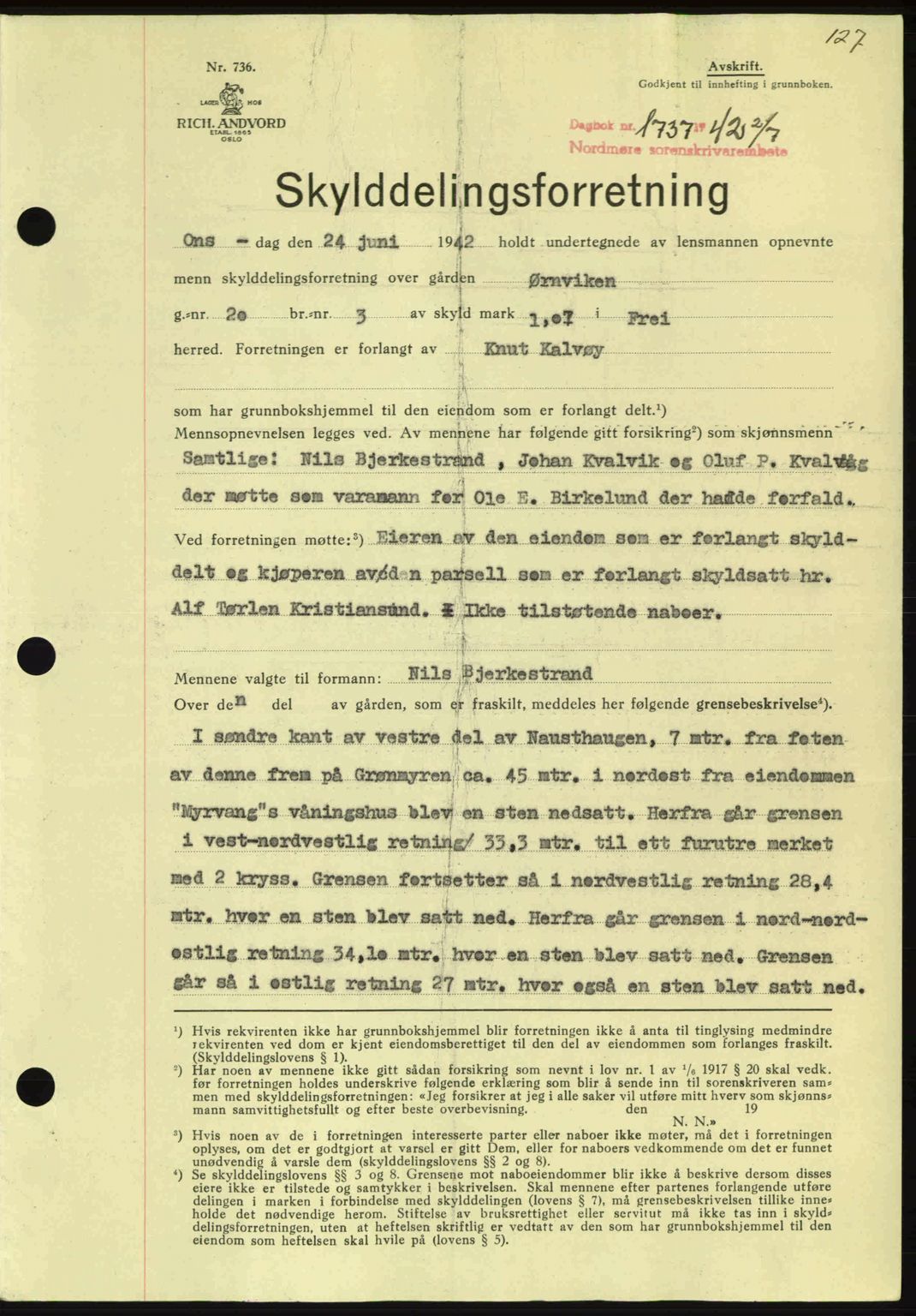 Nordmøre sorenskriveri, AV/SAT-A-4132/1/2/2Ca: Mortgage book no. A93, 1942-1942, Diary no: : 1737/1942