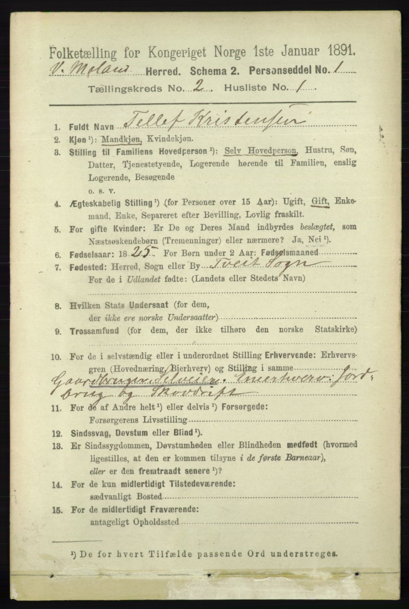 RA, 1891 census for 0926 Vestre Moland, 1891, p. 627