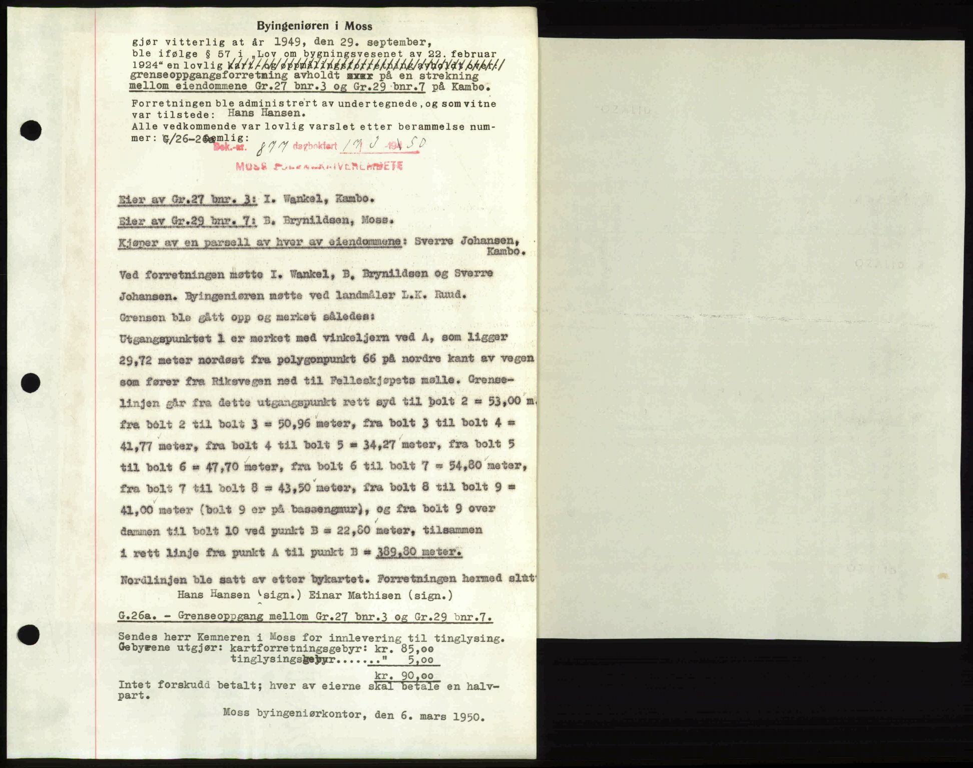 Moss sorenskriveri, SAO/A-10168: Mortgage book no. A25, 1950-1950, Diary no: : 877/1950