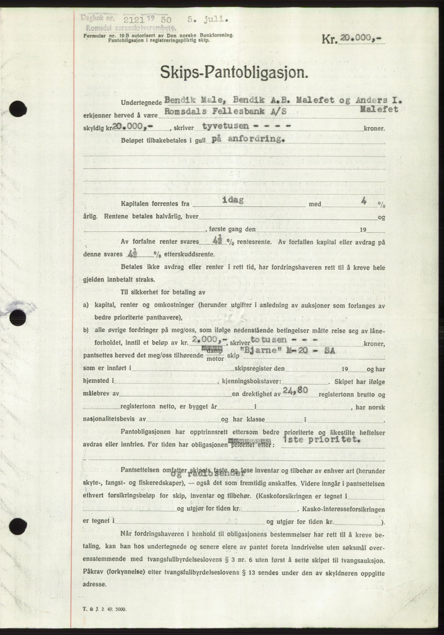 Romsdal sorenskriveri, AV/SAT-A-4149/1/2/2C: Mortgage book no. B5, 1949-1950, Diary no: : 2121/1950