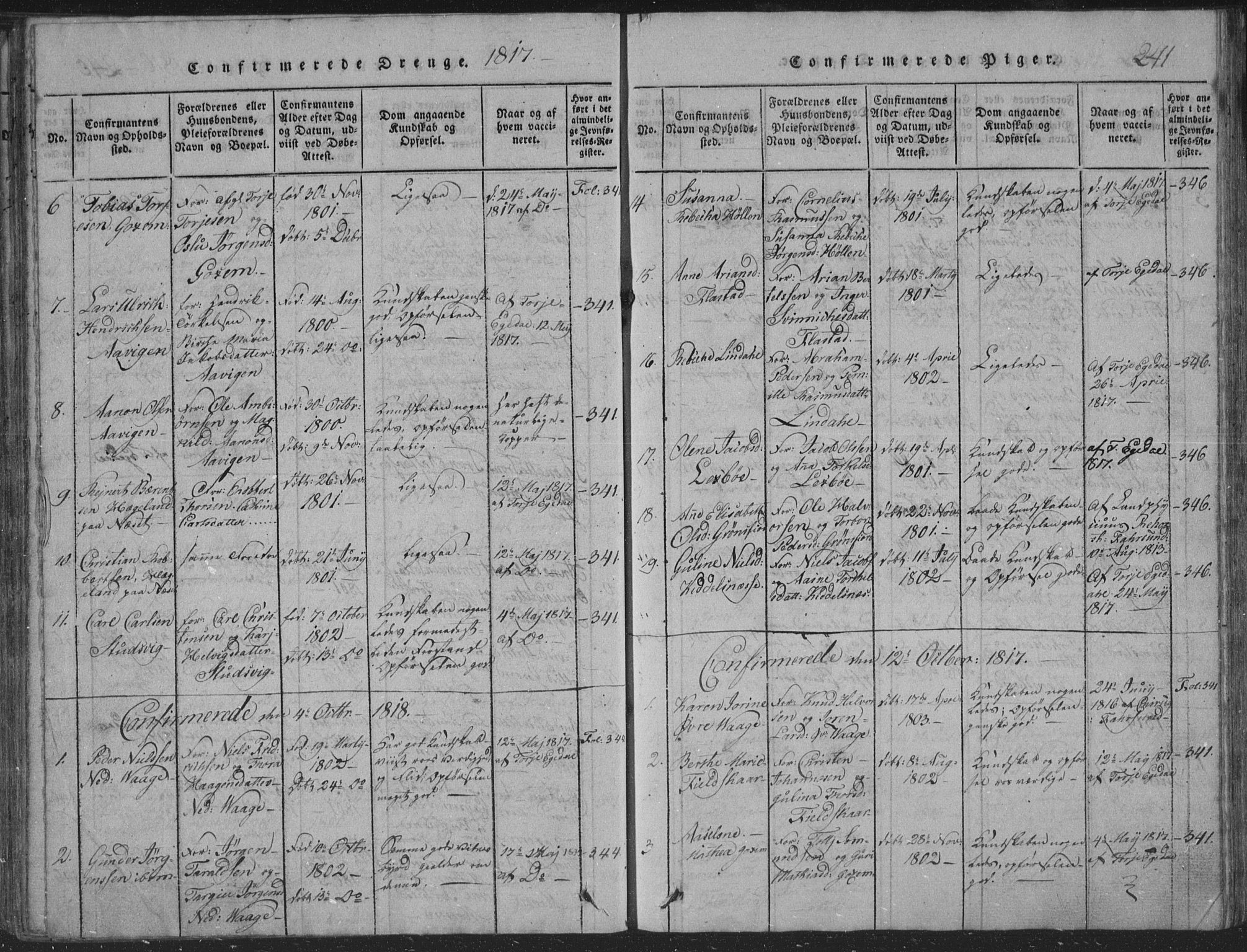 Sør-Audnedal sokneprestkontor, SAK/1111-0039/F/Fb/Fba/L0001: Parish register (copy) no. B 1, 1815-1850, p. 241