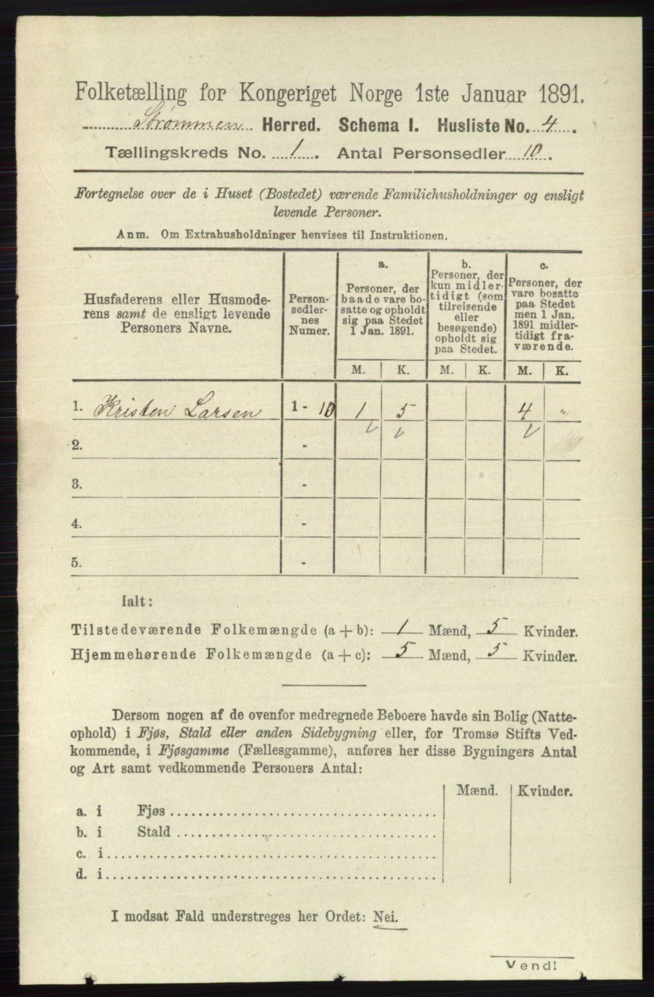 RA, 1891 census for 0711 Strømm, 1891, p. 18