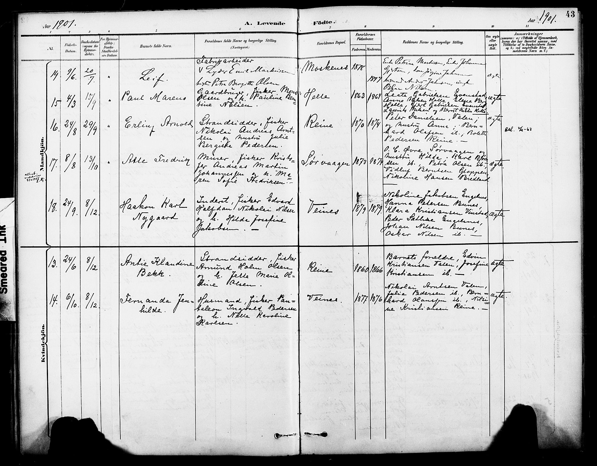 Ministerialprotokoller, klokkerbøker og fødselsregistre - Nordland, AV/SAT-A-1459/886/L1220: Parish register (official) no. 886A02, 1892-1903, p. 43