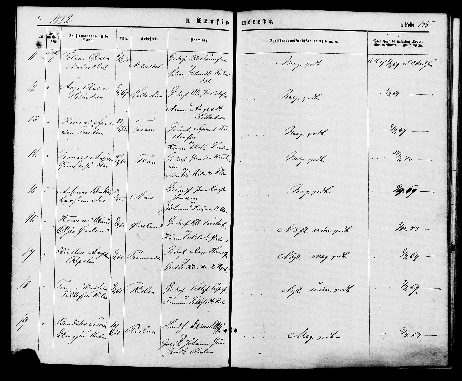 Birkenes sokneprestkontor, AV/SAK-1111-0004/F/Fa/L0004: Parish register (official) no. A 4, 1867-1886, p. 135