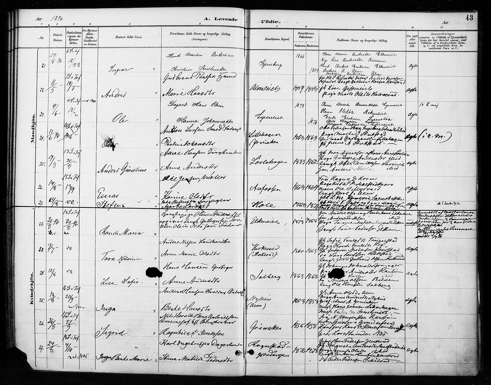 Gran prestekontor, SAH/PREST-112/H/Ha/Haa/L0018: Parish register (official) no. 18, 1889-1899, p. 43