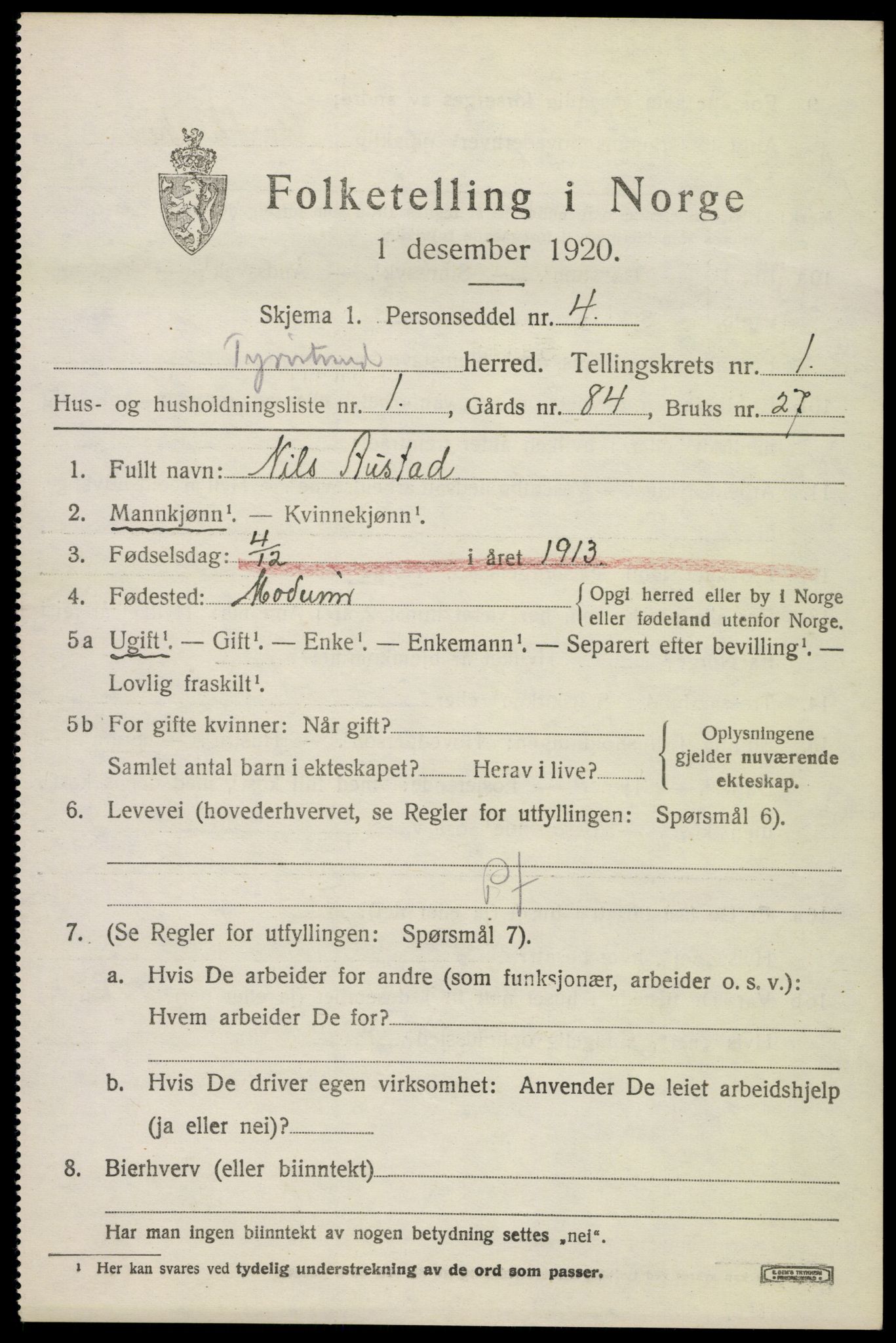 SAKO, 1920 census for Tyristrand, 1920, p. 608