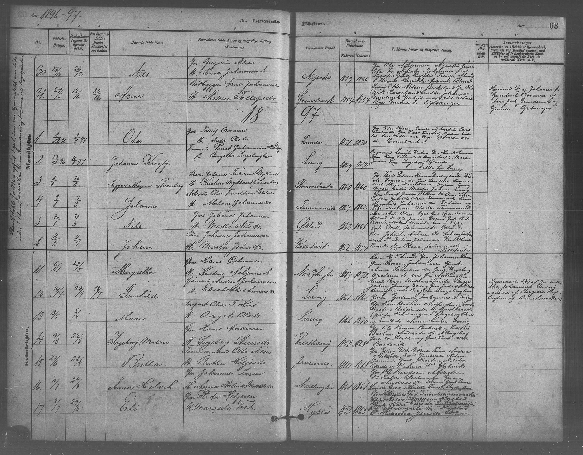 Stord sokneprestembete, SAB/A-78201/H/Hab: Parish register (copy) no. A 2, 1879-1909, p. 63