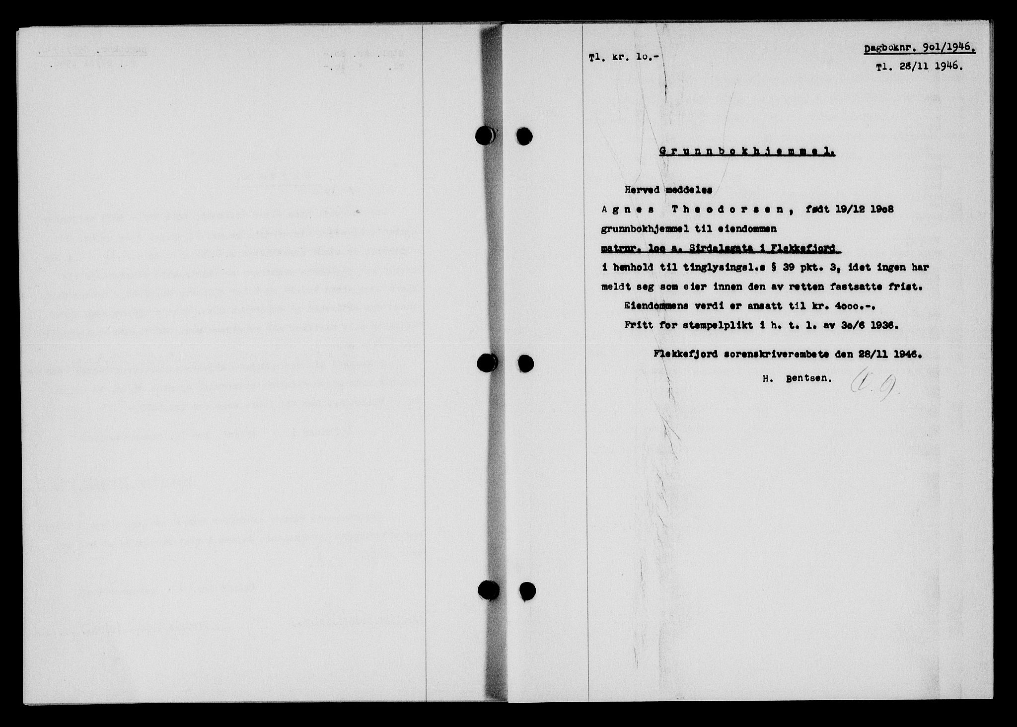 Flekkefjord sorenskriveri, SAK/1221-0001/G/Gb/Gba/L0061: Mortgage book no. A-9, 1946-1947, Diary no: : 901/1946