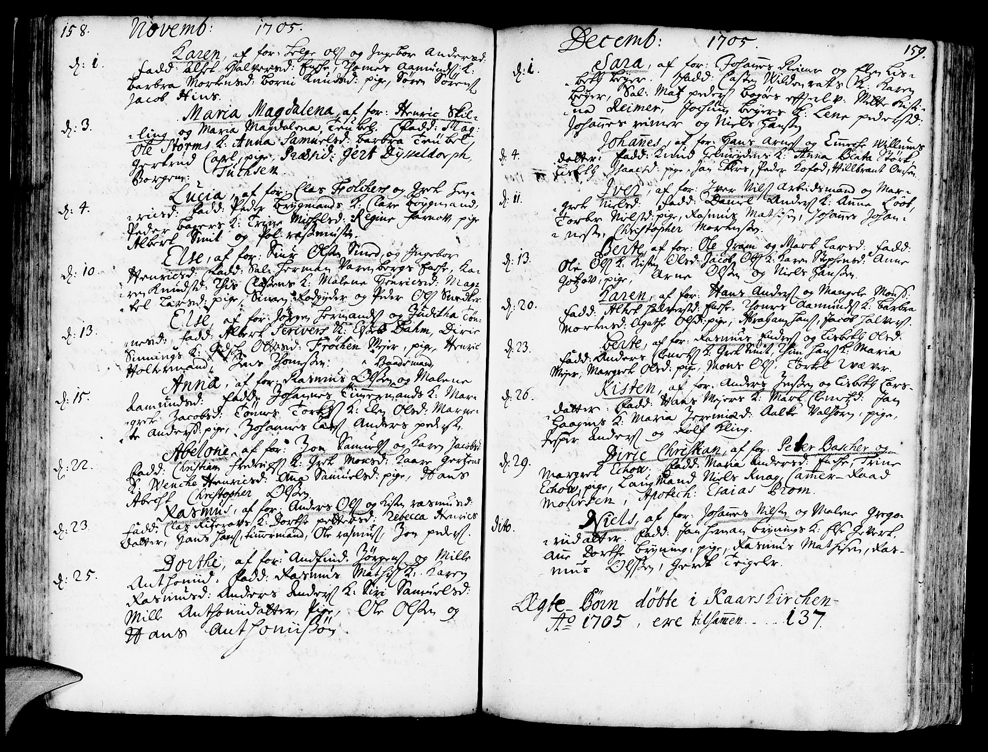 Korskirken sokneprestembete, AV/SAB-A-76101/H/Haa/L0003: Parish register (official) no. A 3, 1698-1719, p. 158-159