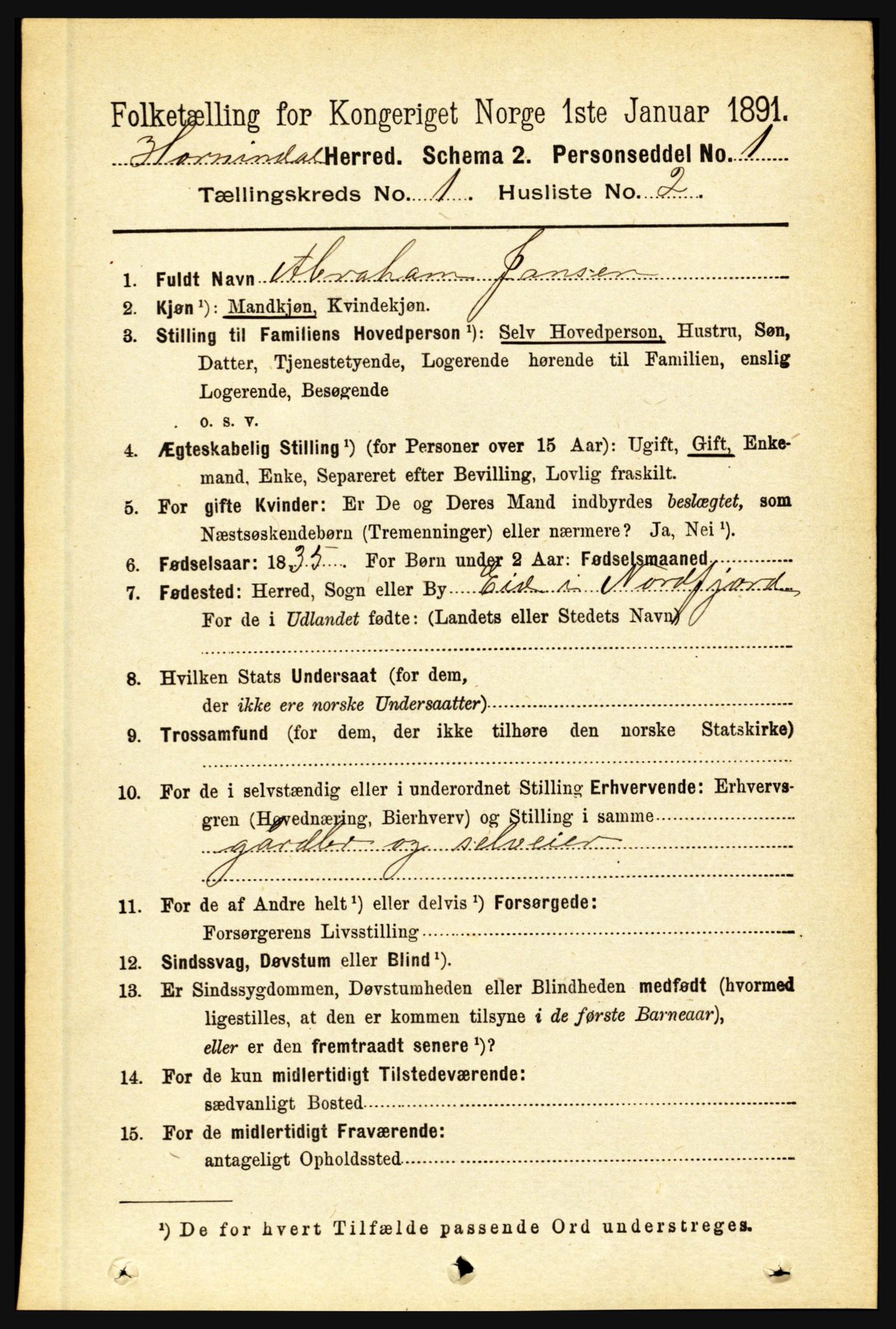 RA, 1891 census for 1444 Hornindal, 1891, p. 73