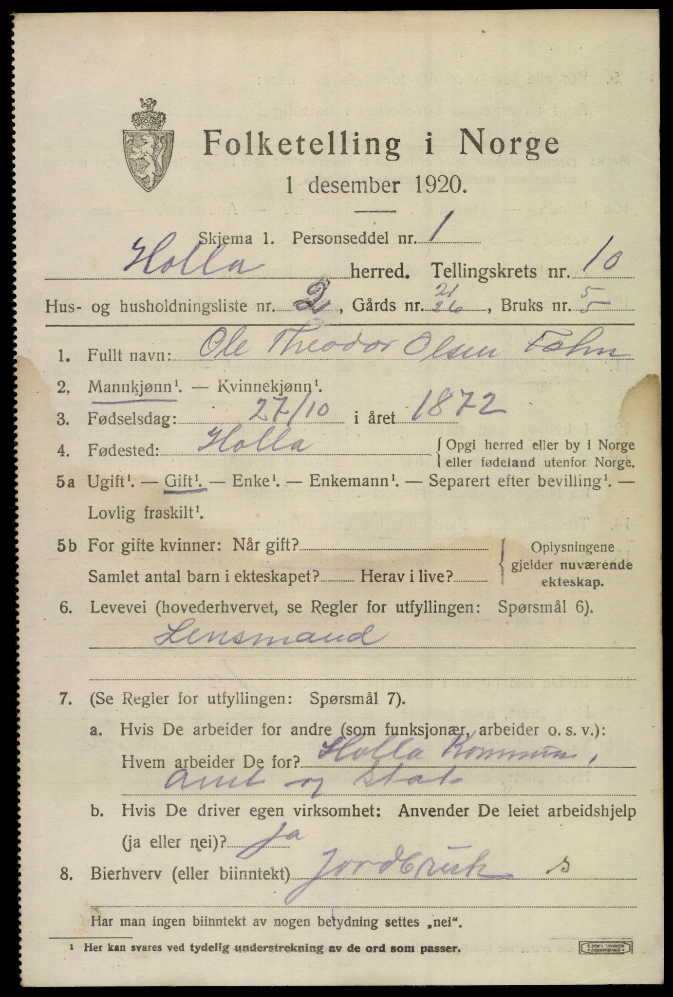 SAKO, 1920 census for Holla, 1920, p. 6087