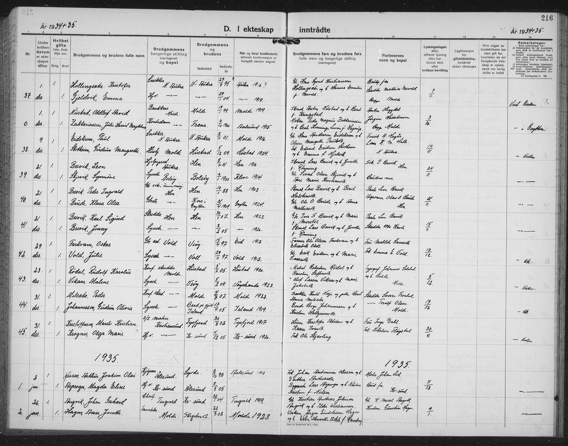 Ministerialprotokoller, klokkerbøker og fødselsregistre - Møre og Romsdal, SAT/A-1454/558/L0704: Parish register (copy) no. 558C05, 1921-1942, p. 216