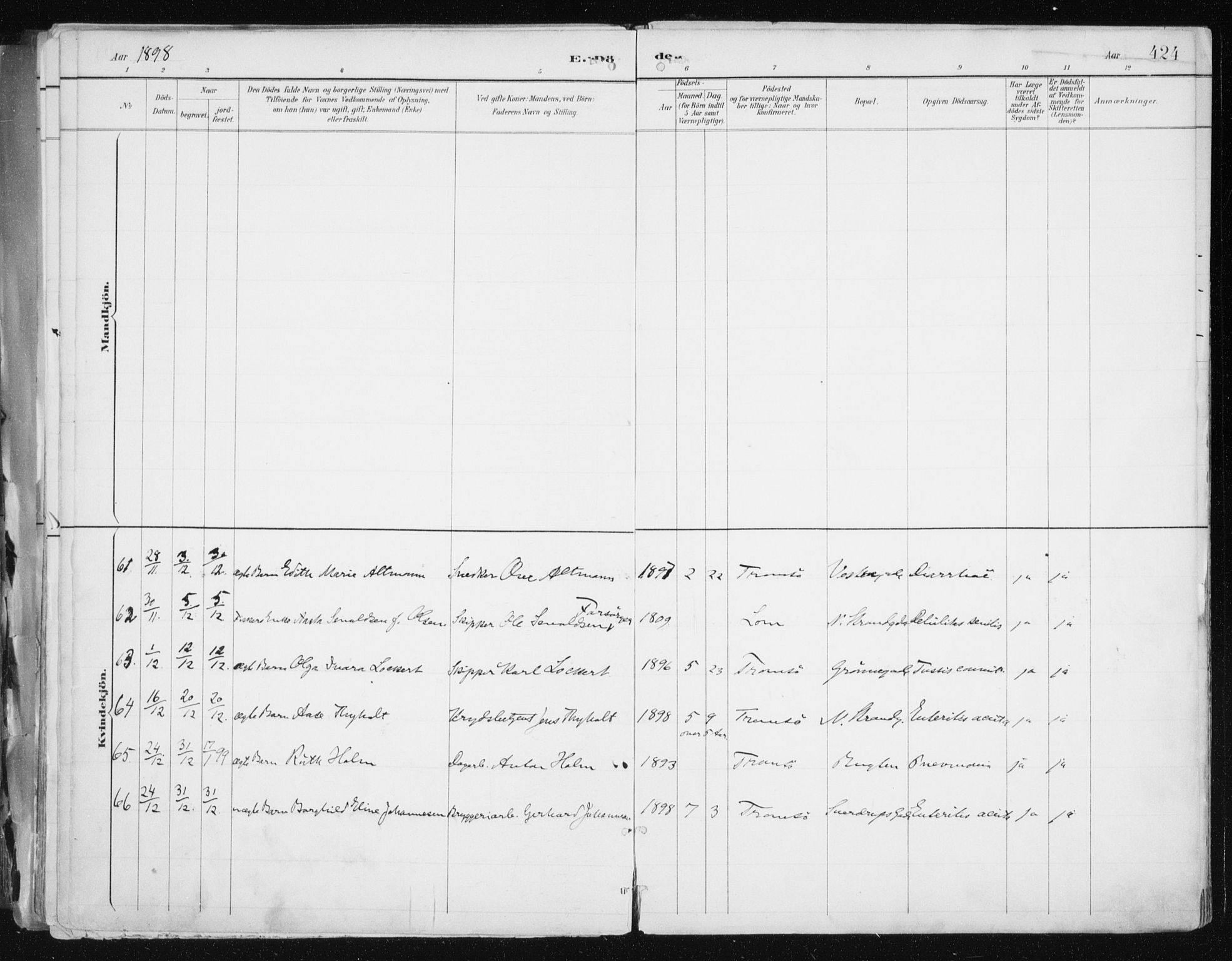 Tromsø sokneprestkontor/stiftsprosti/domprosti, SATØ/S-1343/G/Ga/L0015kirke: Parish register (official) no. 15, 1889-1899, p. 424