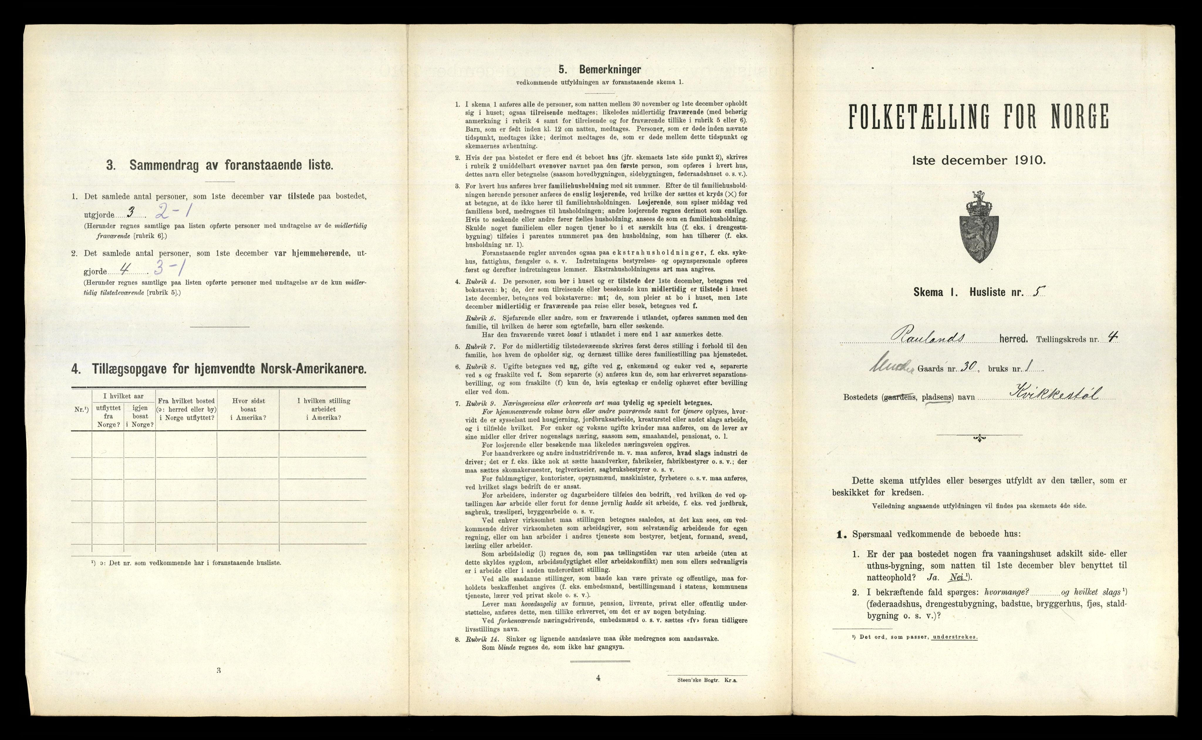 RA, 1910 census for Rauland, 1910, p. 145