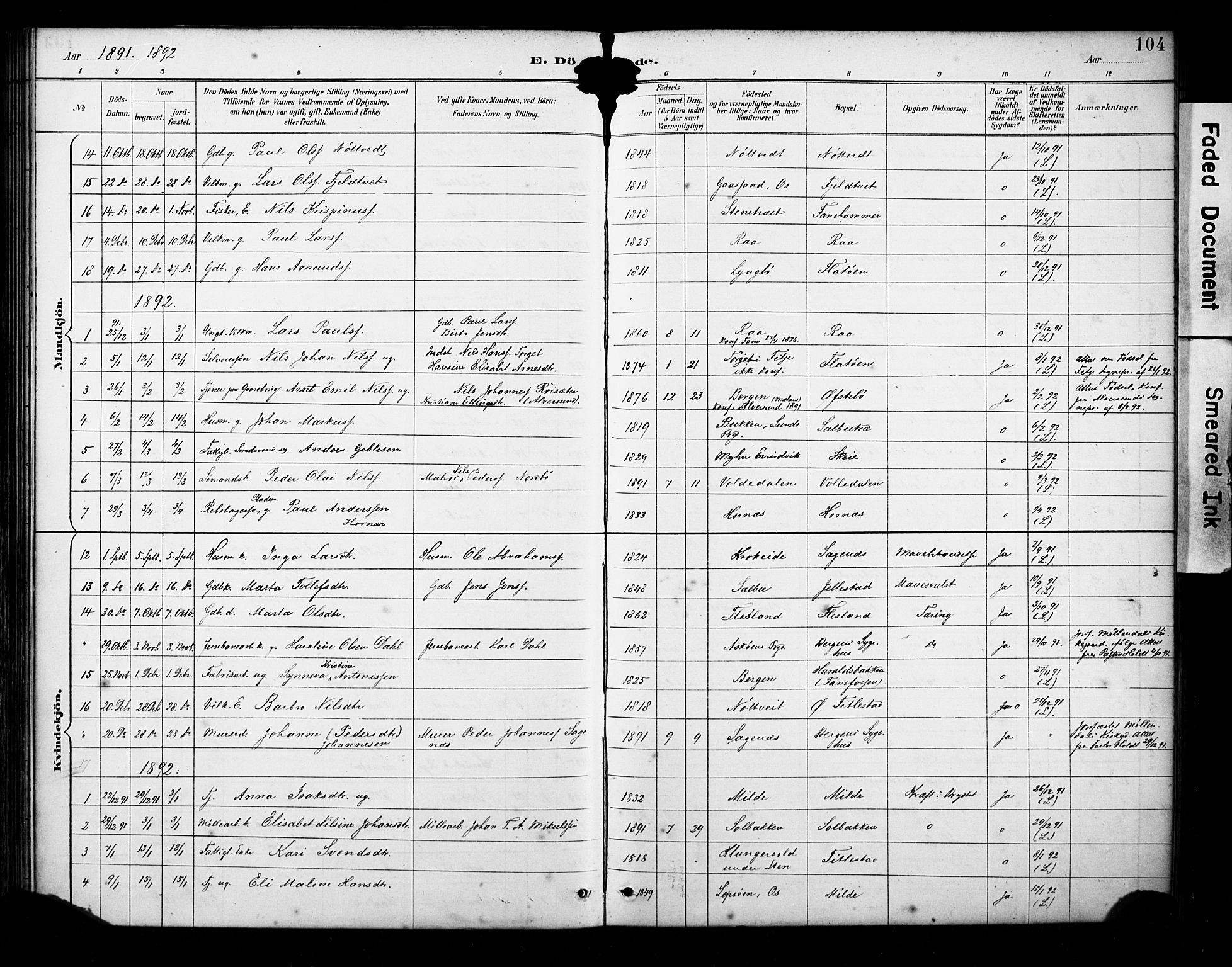 Fana Sokneprestembete, AV/SAB-A-75101/H/Haa/Haab/L0002: Parish register (official) no. B 2, 1890-1897, p. 104