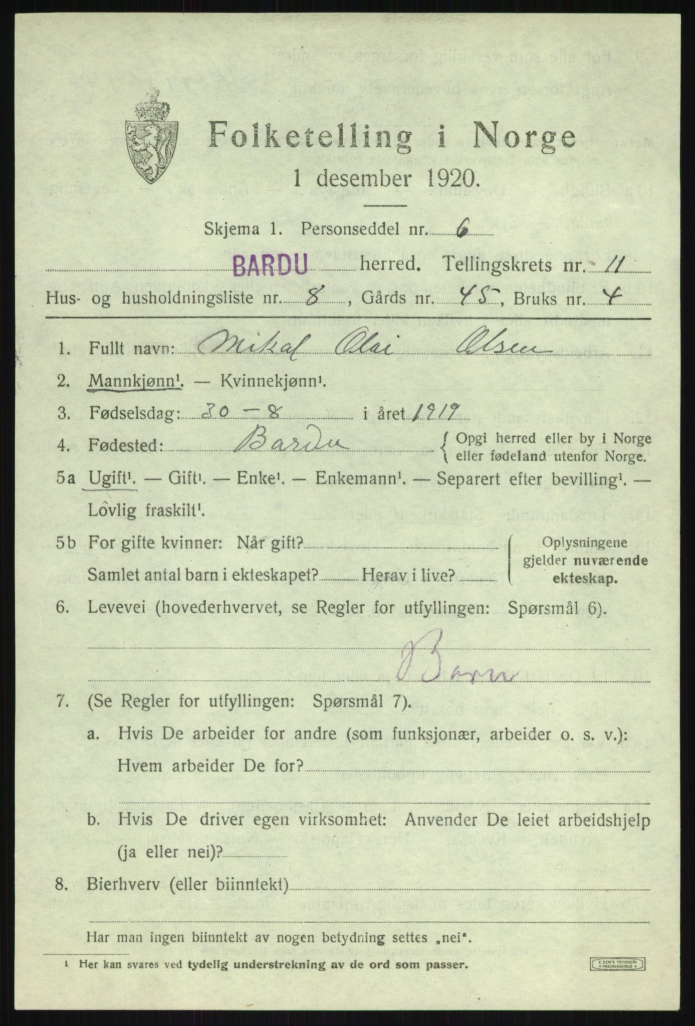 SATØ, 1920 census for Bardu, 1920, p. 3593