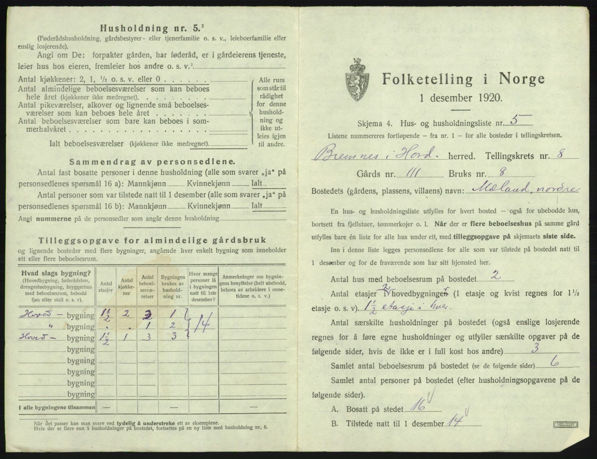 SAB, 1920 census for Bremnes, 1920, p. 640