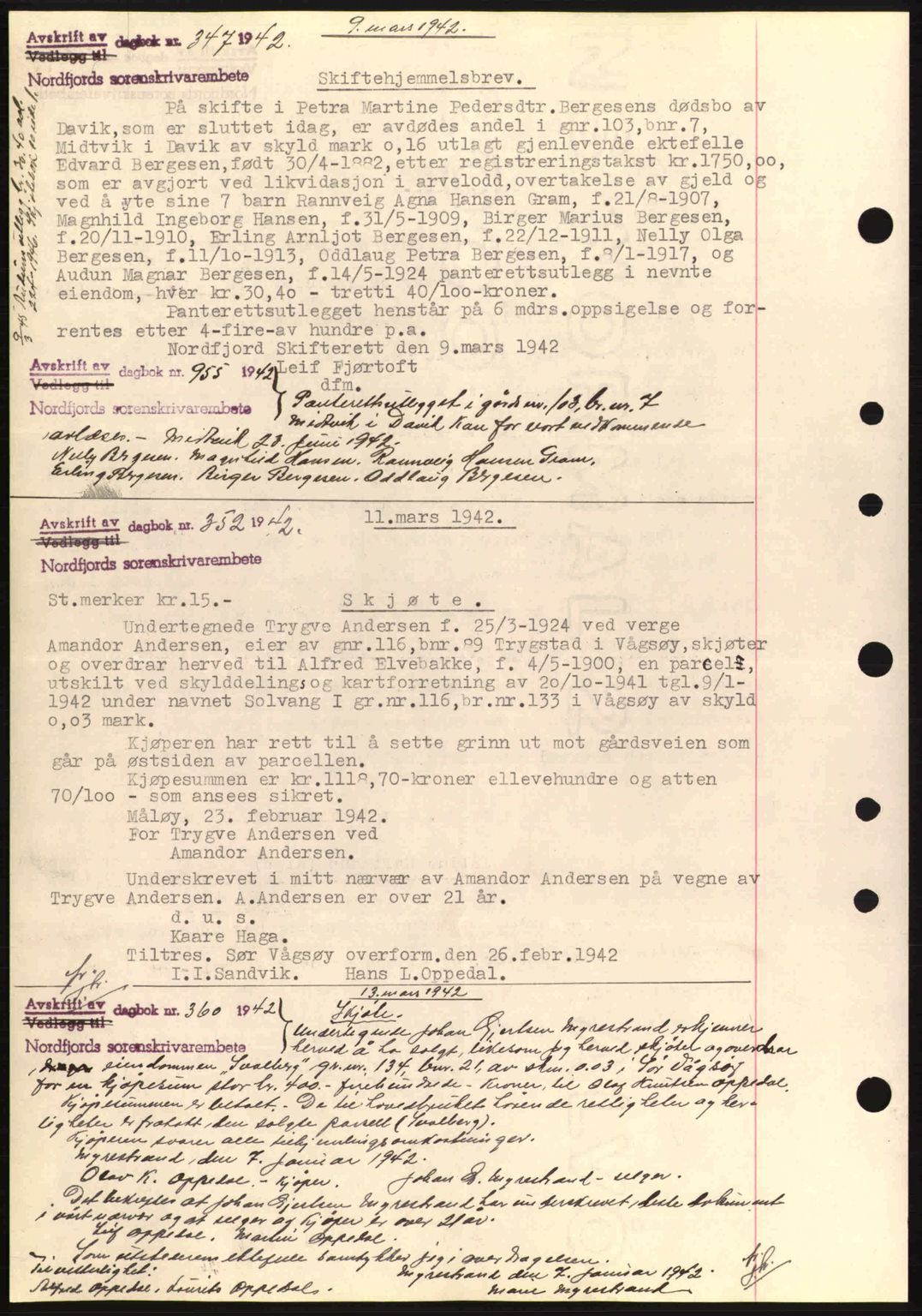 Nordfjord sorenskriveri, SAB/A-2801/02/02b/02bj/L0007: Mortgage book no. A7, 1941-1943, Diary no: : 346/1942