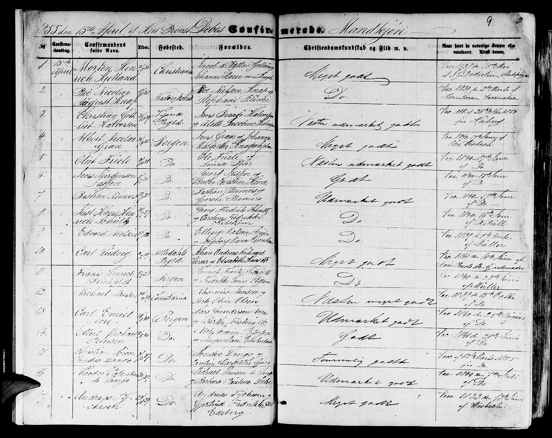 Domkirken sokneprestembete, SAB/A-74801/H/Hab/L0023: Parish register (copy) no. C 3, 1854-1880, p. 9