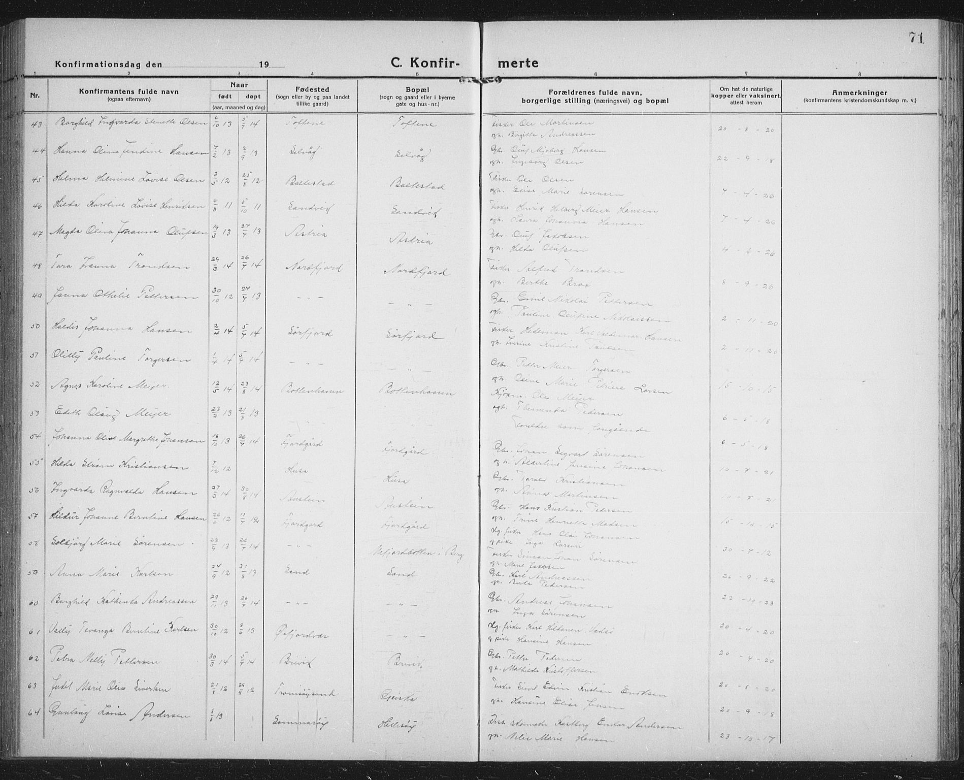 Lenvik sokneprestembete, SATØ/S-1310/H/Ha/Hab/L0023klokker: Parish register (copy) no. 23, 1918-1936, p. 71