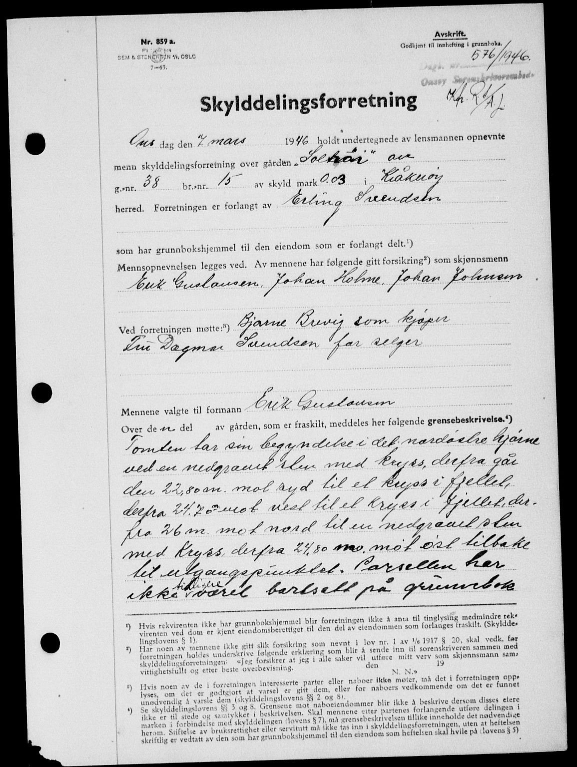 Onsøy sorenskriveri, SAO/A-10474/G/Ga/Gab/L0015: Mortgage book no. II A-15, 1945-1946, Diary no: : 576/1946