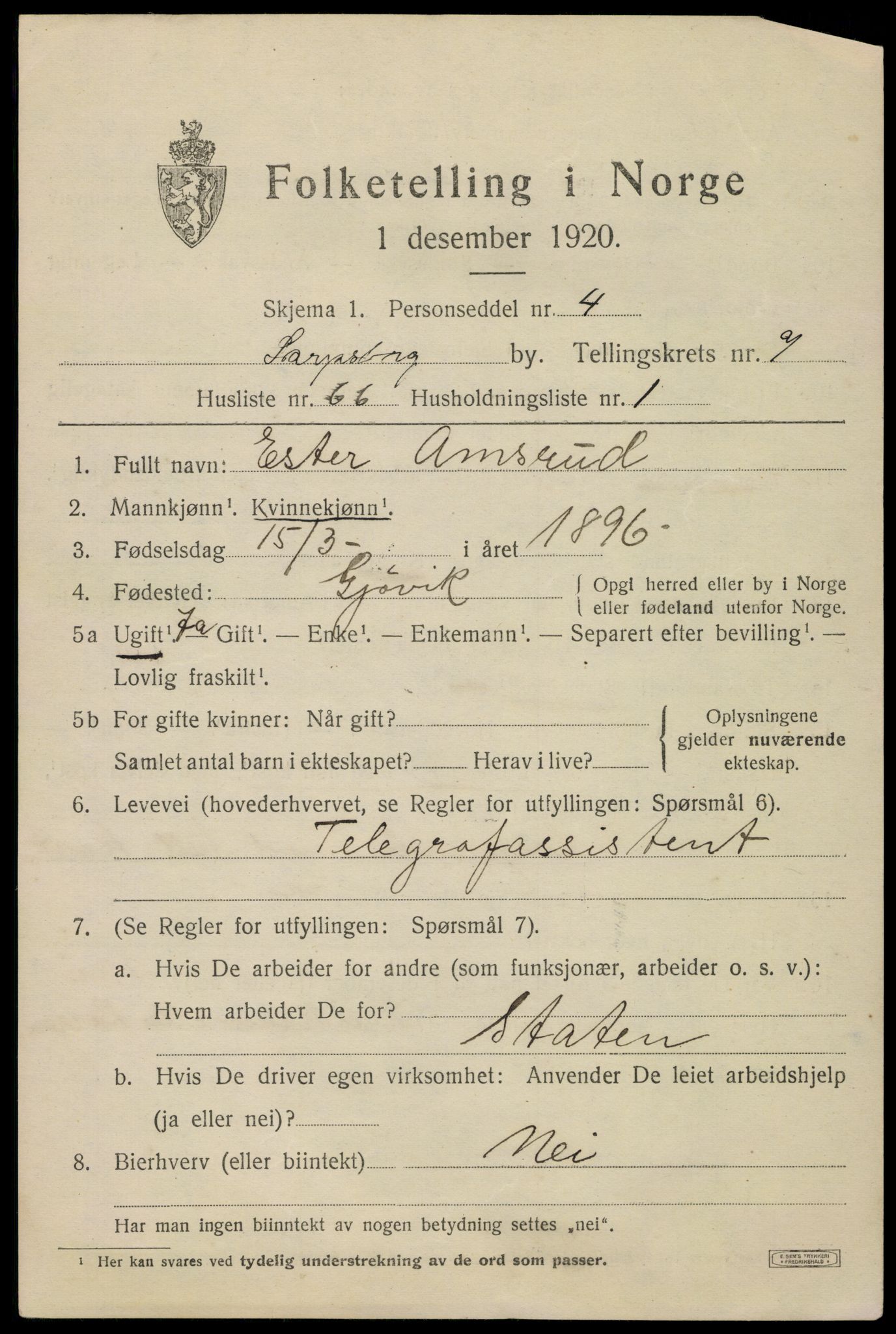 SAO, 1920 census for Sarpsborg, 1920, p. 17290