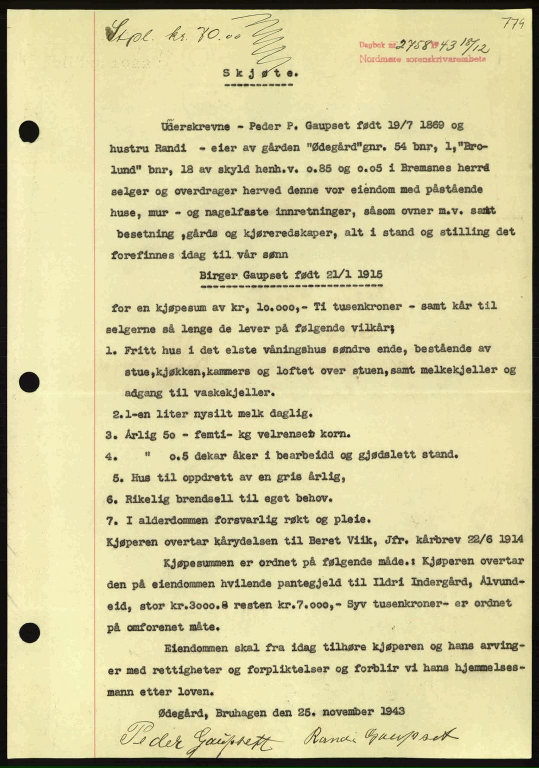Nordmøre sorenskriveri, SAT/A-4132/1/2/2Ca: Mortgage book no. A96, 1943-1944, Diary no: : 2758/1943