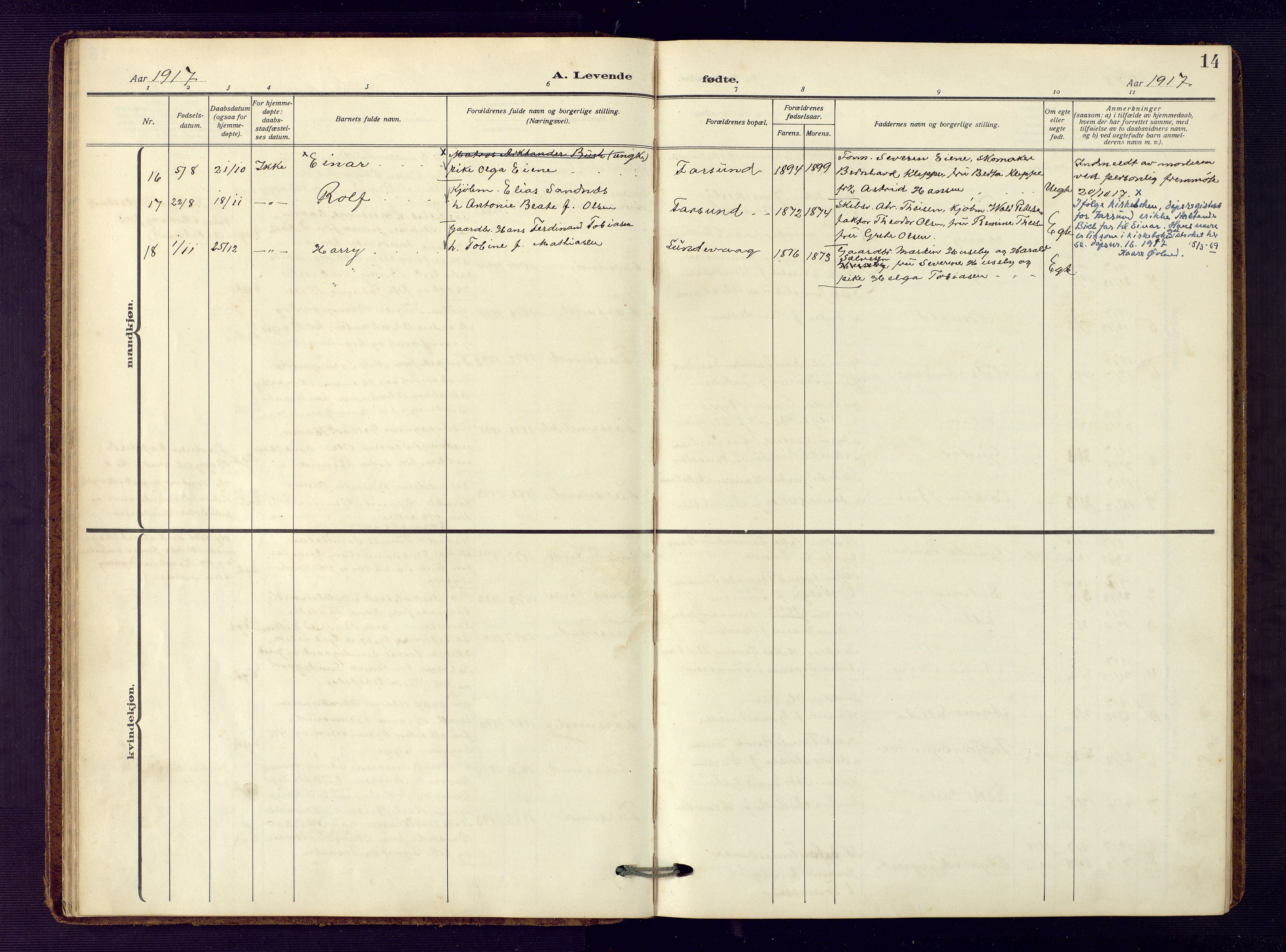 Farsund sokneprestkontor, SAK/1111-0009/F/Fb/L0002: Parish register (copy) no. B 2, 1914-1958, p. 14