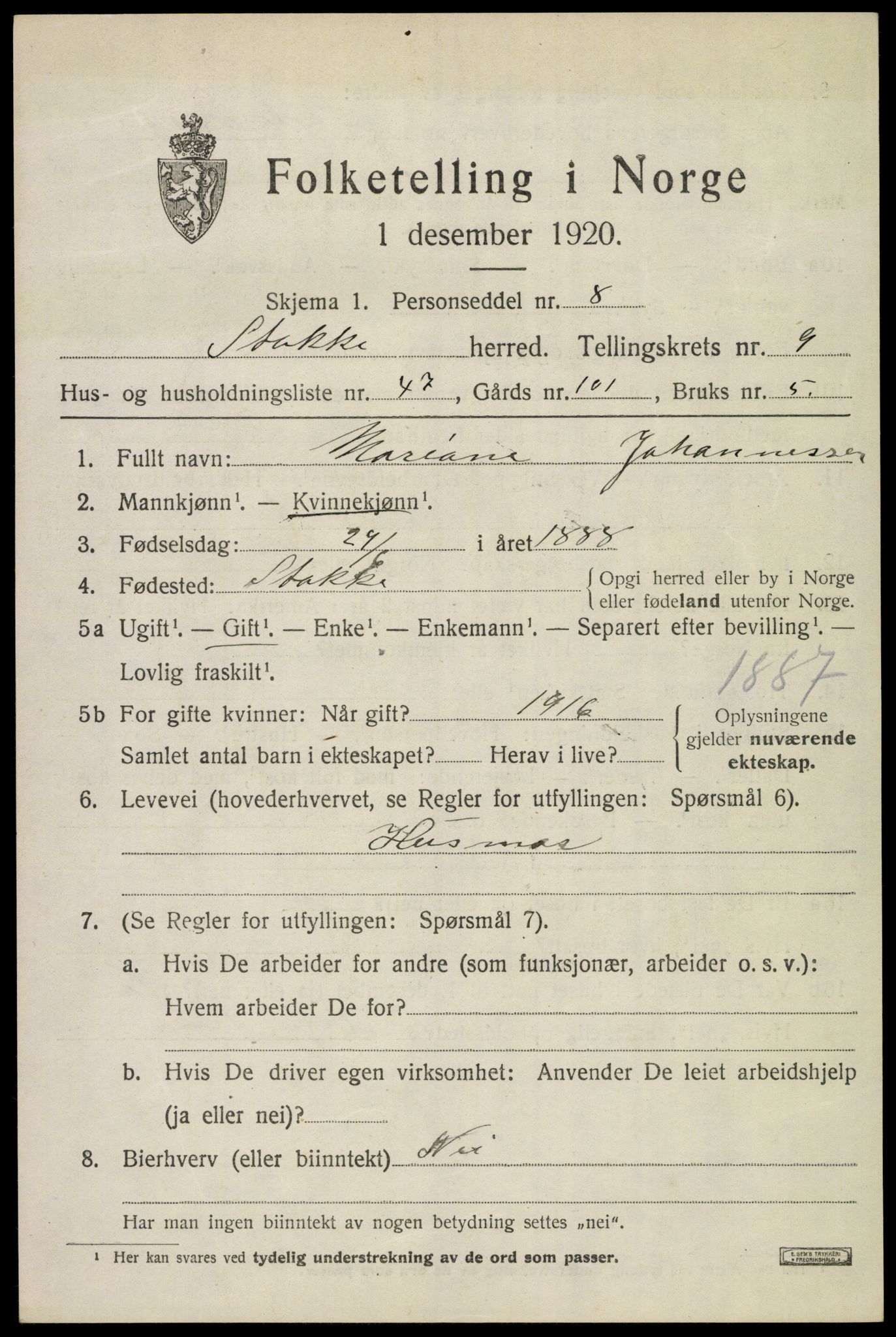 SAKO, 1920 census for Stokke, 1920, p. 10930