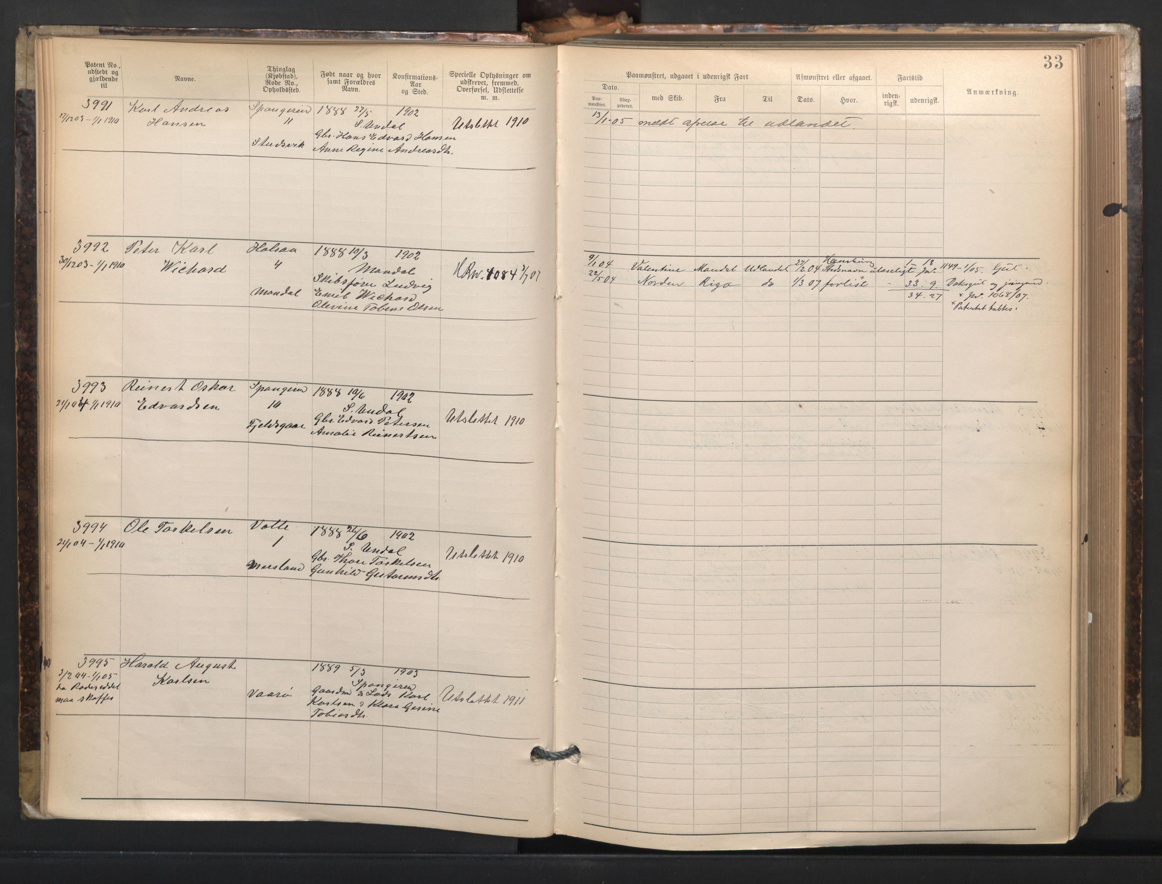 Mandal mønstringskrets, AV/SAK-2031-0016/F/Fa/L0003: Annotasjonsrulle nr 3831-4730 med register, L-5, 1900-1948, p. 57